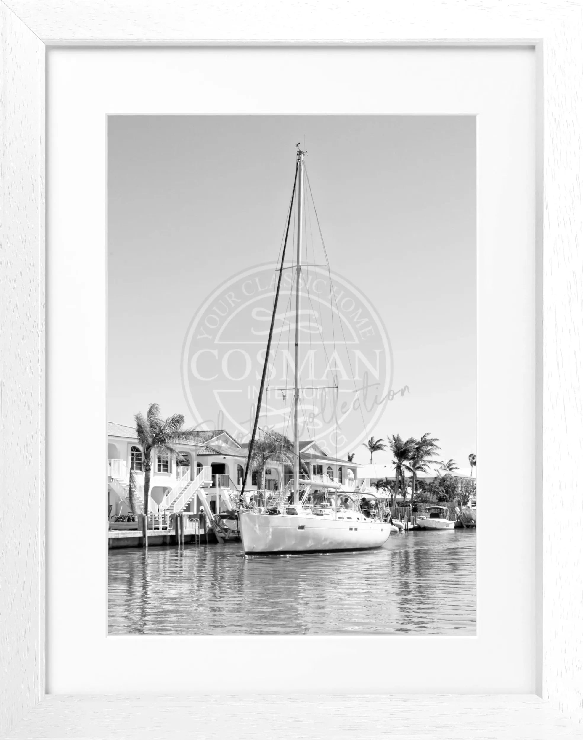 Schwarz-weiß Poster mit Rahmen, Florida Keys Boot Motiv, von Cosman-Photocollection, 25cm x 31cm.