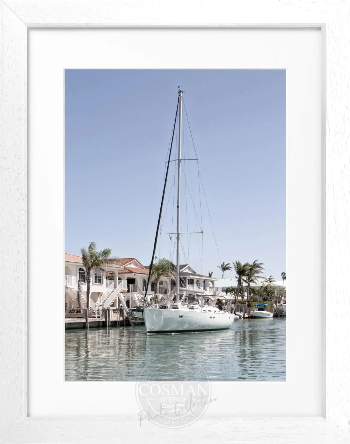 Schwarz-weiß Poster mit Rahmen, Florida Keys Boot Motiv, 25x31cm, von Cosman-Photocollection, Wanddekoration für Meeresliebhaber