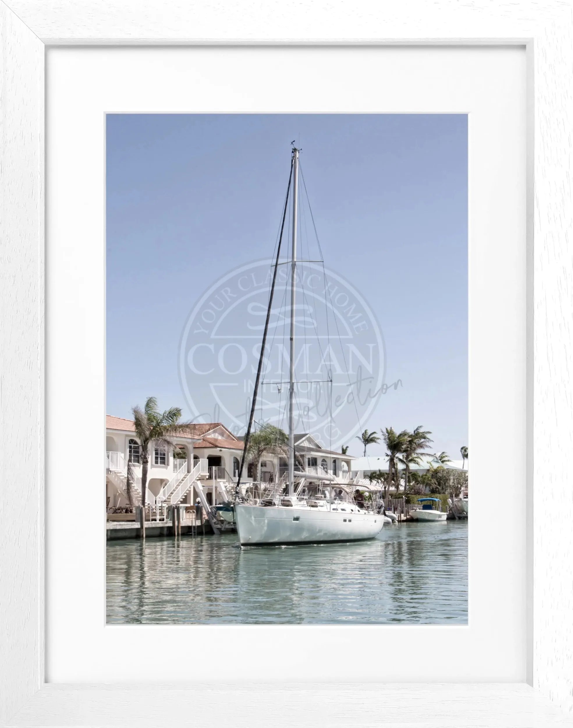 Schwarz-weiß Poster mit Rahmen, Florida Keys Boot Motiv, 25x31cm, von Cosman-Photocollection, Wanddekoration für Meeresliebhaber