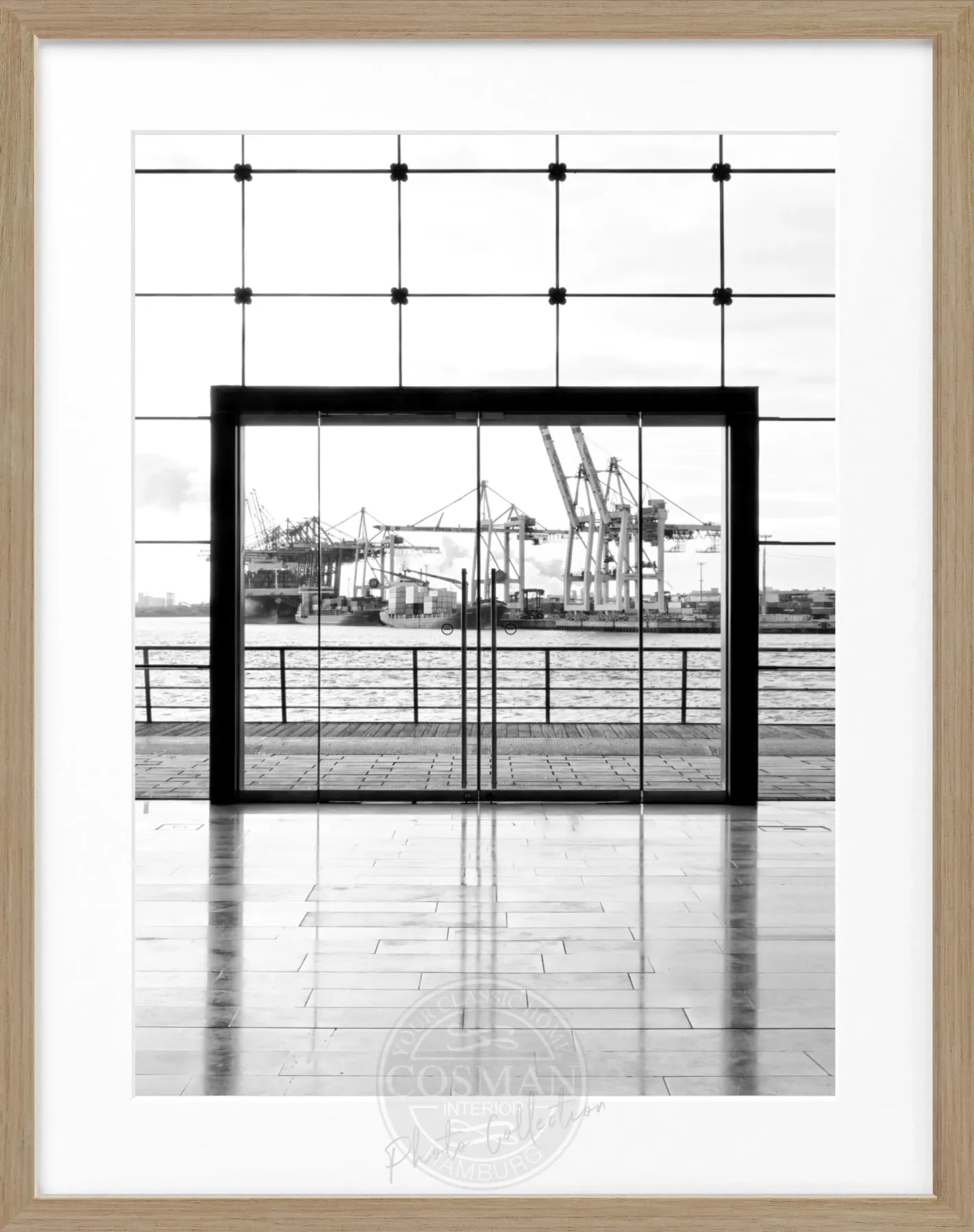 Schwarz-weiß Poster mit Rahmen, Hamburg Hafen, von Cosman-Photocollection, 25x31cm, maritime Stadtansicht