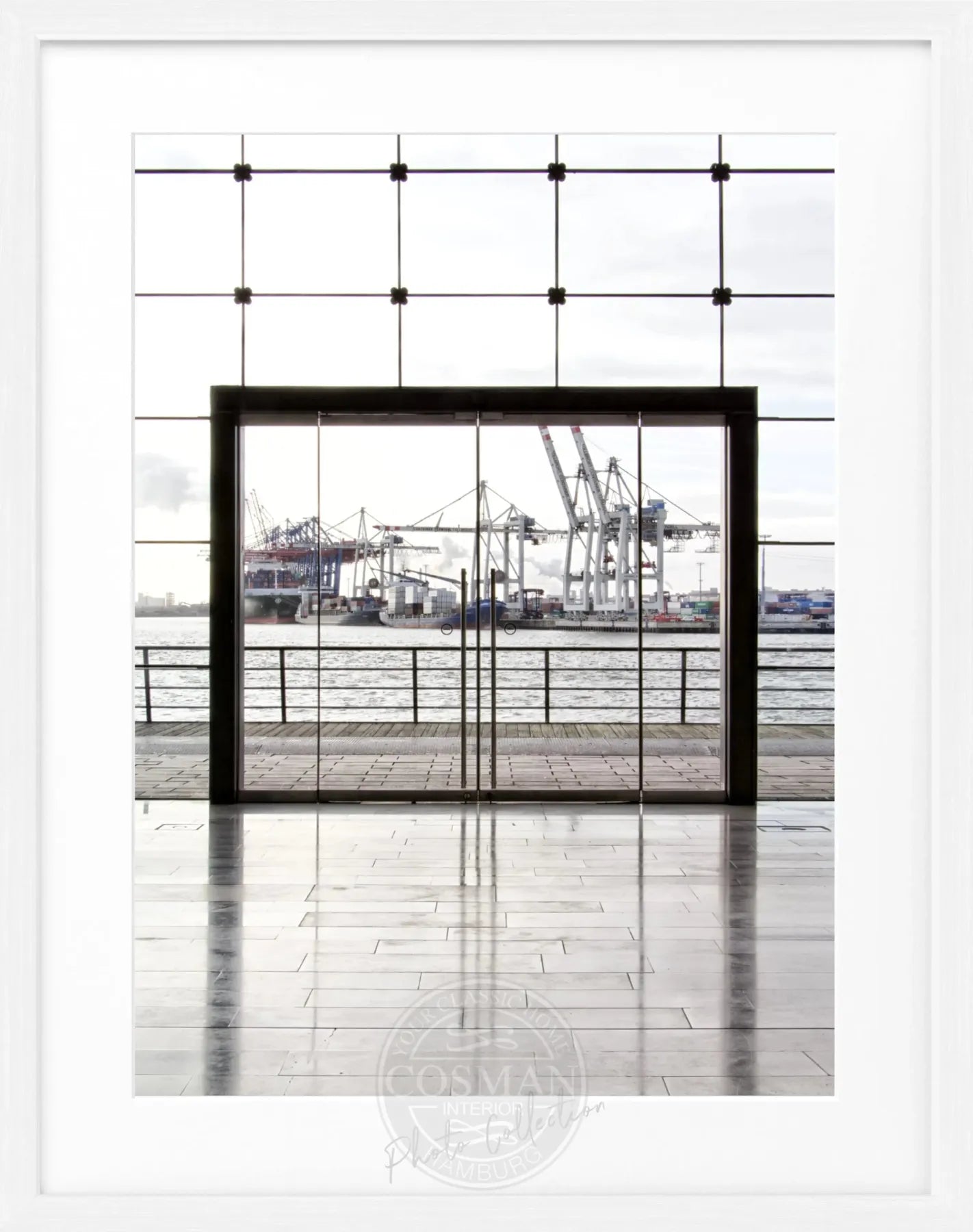 Schwarz-weiß Poster mit Rahmen, Hamburg Hafen, von Cosman-Photocollection, 25x31cm, Wanddekoration mit Hafenmotiv