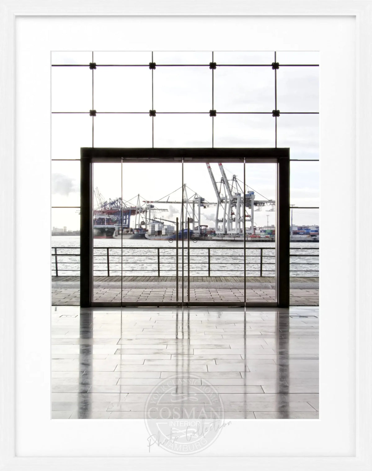 Schwarz-weiß Poster mit Rahmen, Hamburg Hafen, von Cosman-Photocollection, 25x31cm, Wanddekoration mit Hafenmotiv