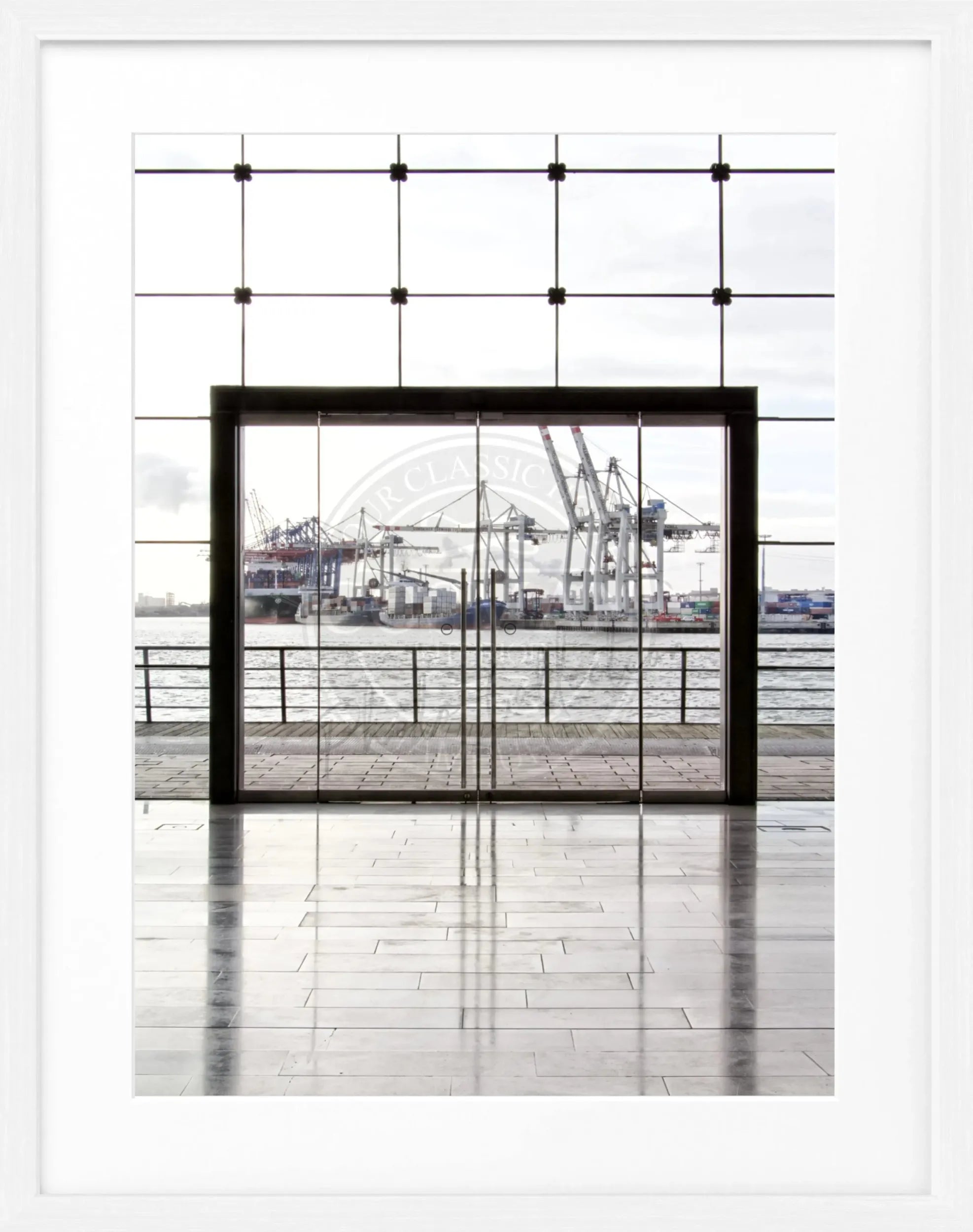 Schwarz-weiß Poster mit Rahmen, Hamburg Hafen, von Cosman-Photocollection, 25x31cm, Wanddekoration mit Hafenmotiv