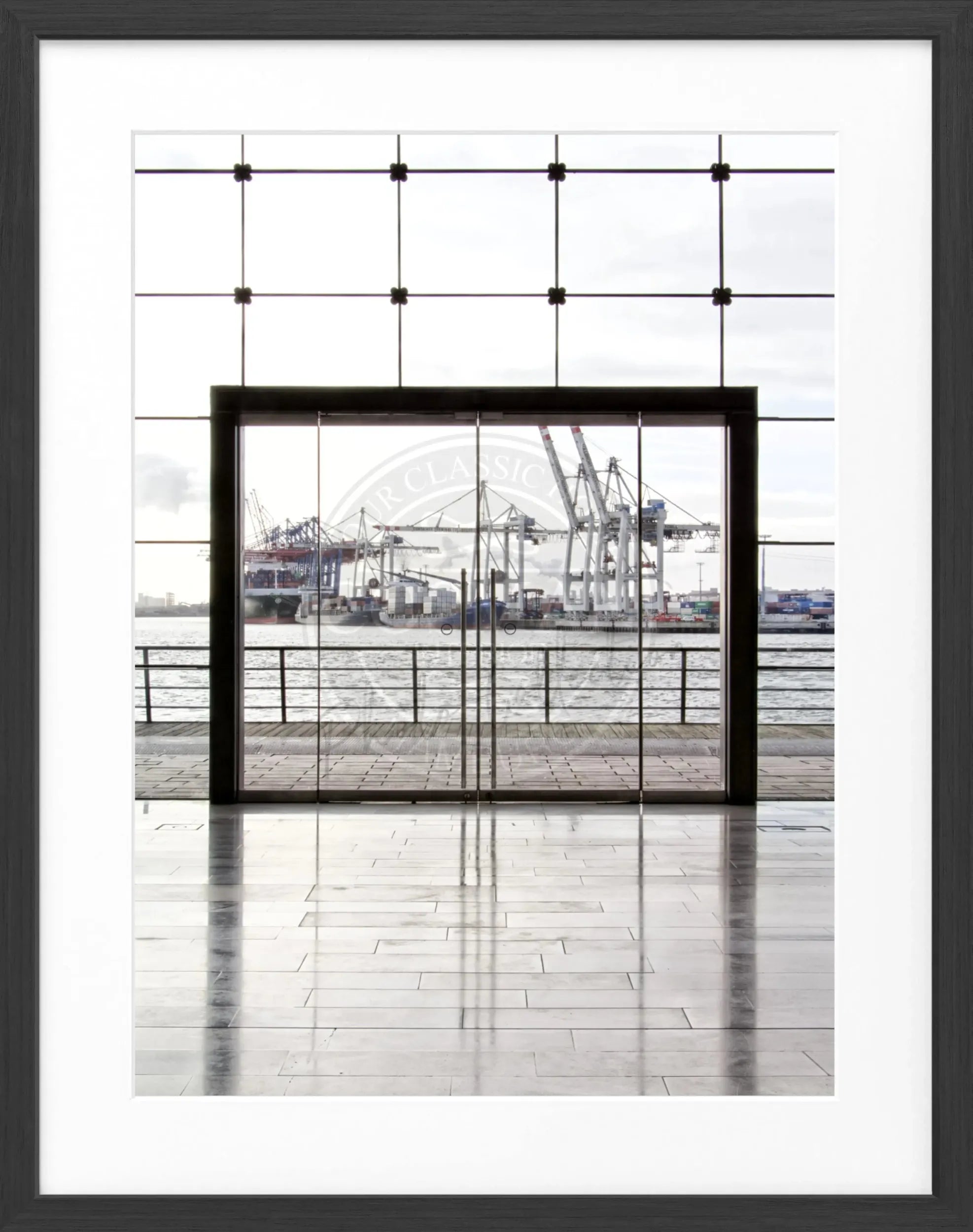 Schwarz-weiß Poster mit Rahmen, Hamburg Hafen, Cosman-Photocollection, 25x31cm, maritimes Stadtmotiv