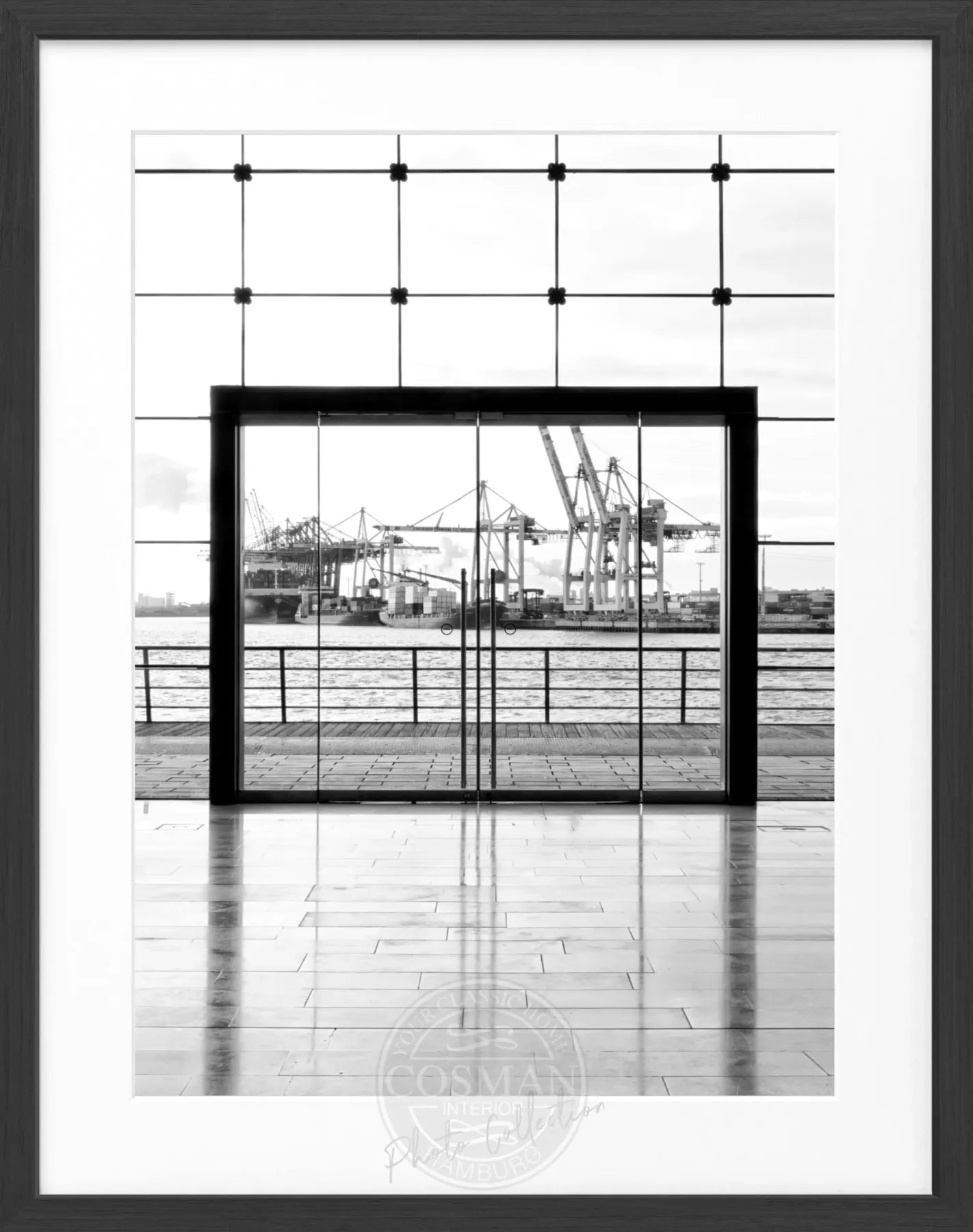 Schwarz-weiß Poster mit Rahmen, Hamburg Hafen, 25x31 cm, von Cosman-Photocollection, maritime Stadtansicht