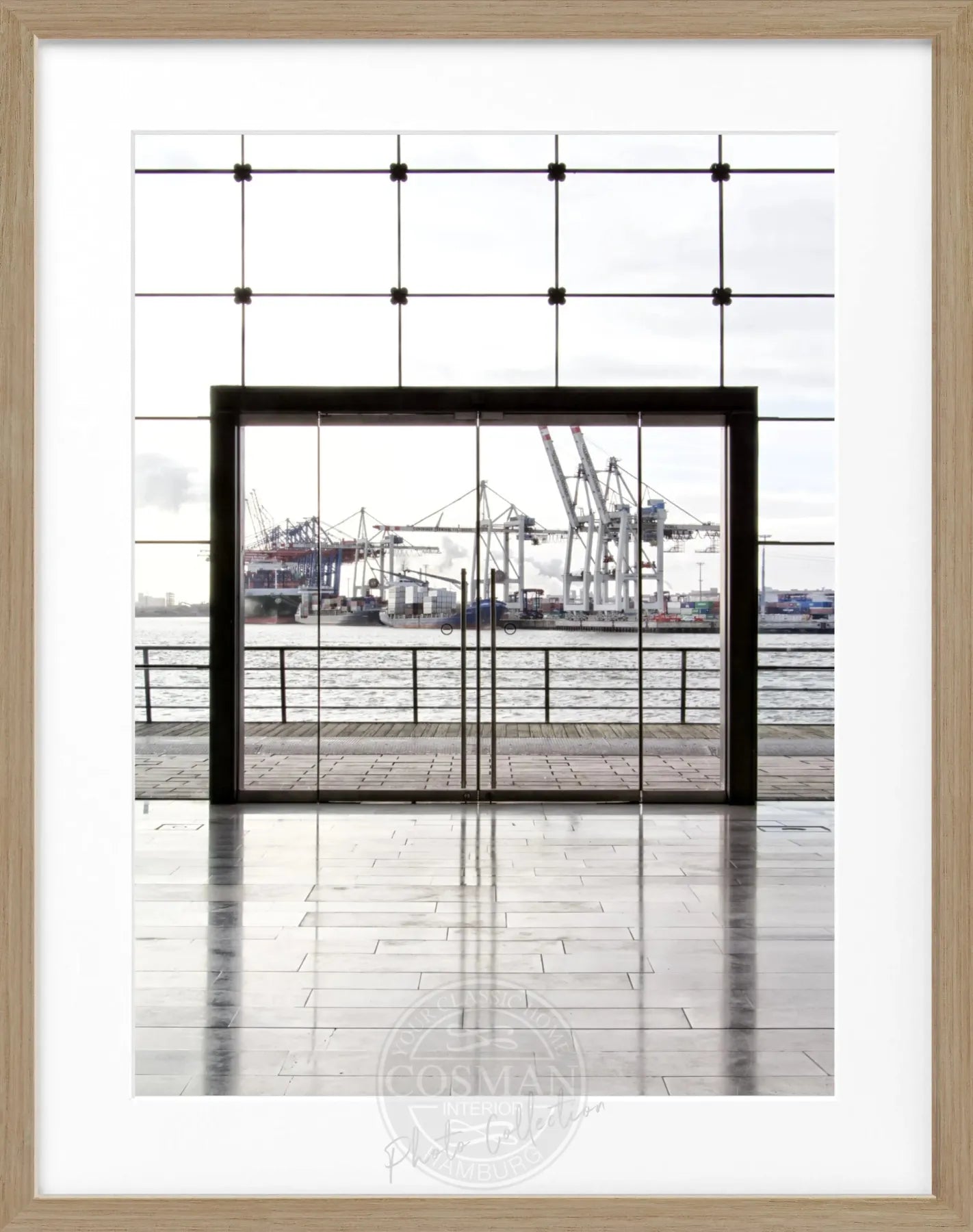 Schwarz-weiß Poster mit Rahmen, Hamburg Hafen, von Cosman-Photocollection, 25x31 cm, maritime Stadtansicht