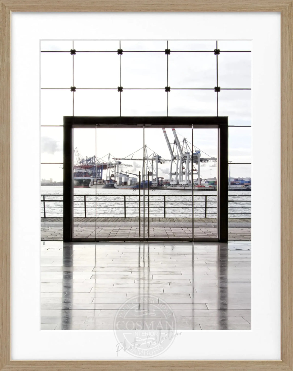 Schwarz-weiß Poster mit Rahmen, Hamburg Hafen, von Cosman-Photocollection, 25x31 cm, maritime Stadtansicht
