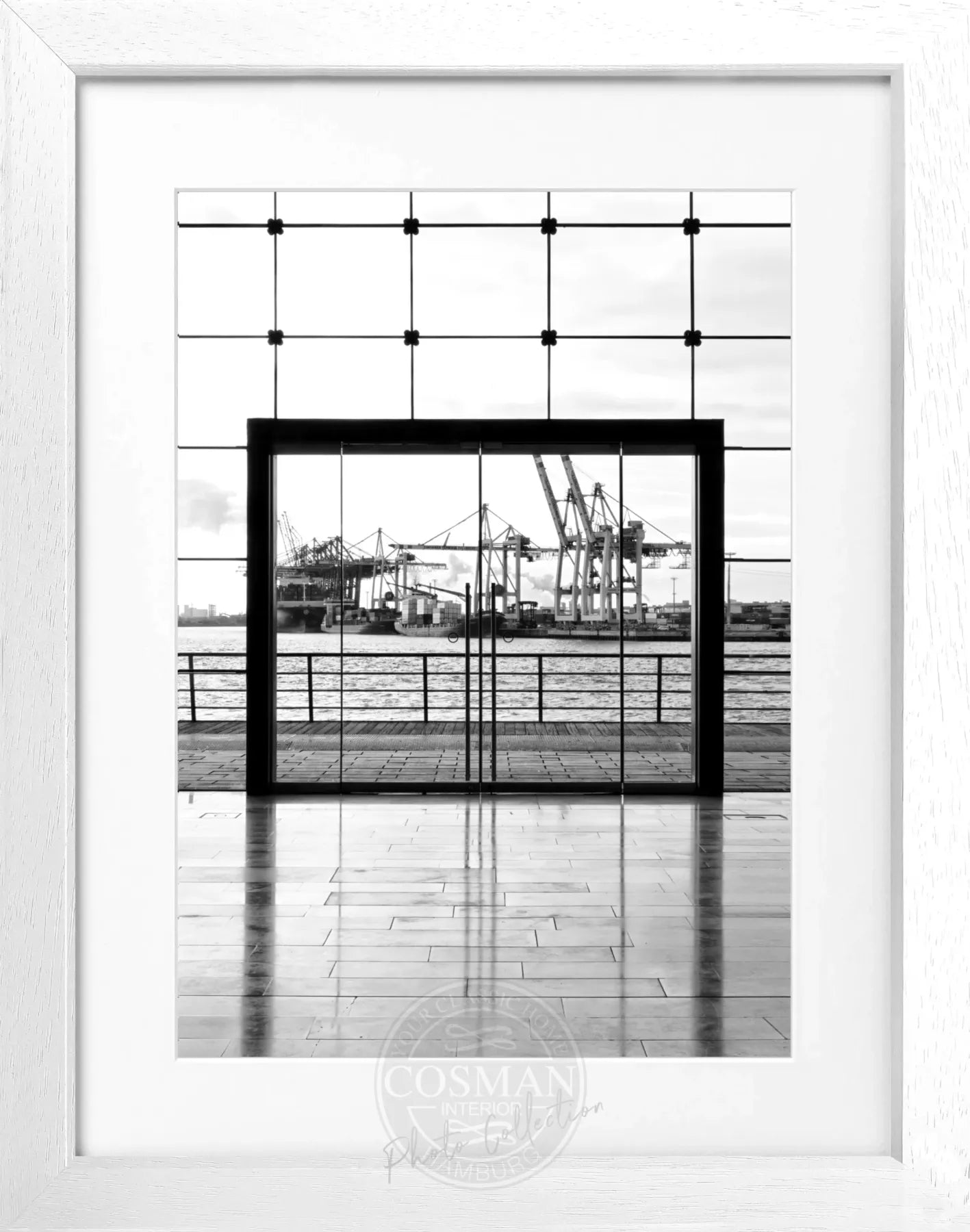 Schwarz-weiß Poster mit Rahmen, Hamburg Hafen, von Cosman-Photocollection, 25x31 cm, modernes Wandbild