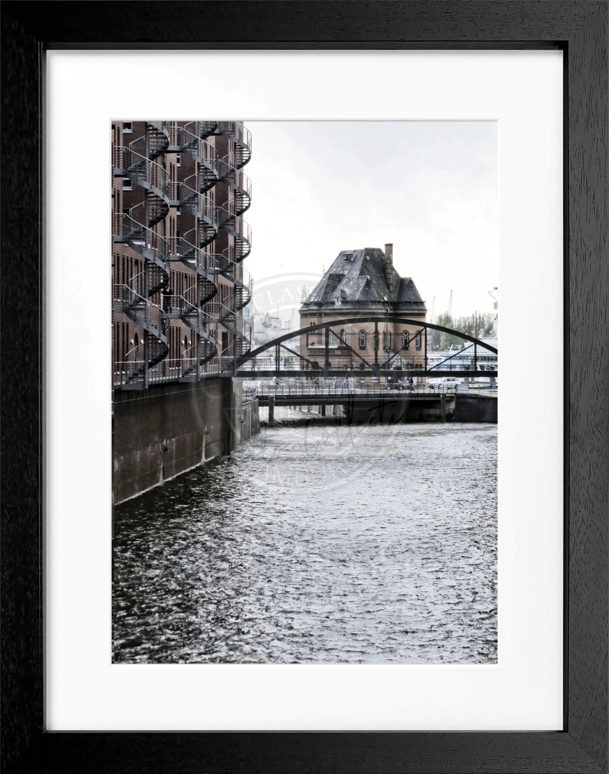 Schwarz-weiß Poster mit Rahmen von Cosman-Photocollection, Hamburg Speicherstadt, 25x31cm, stilvolles Wandbild