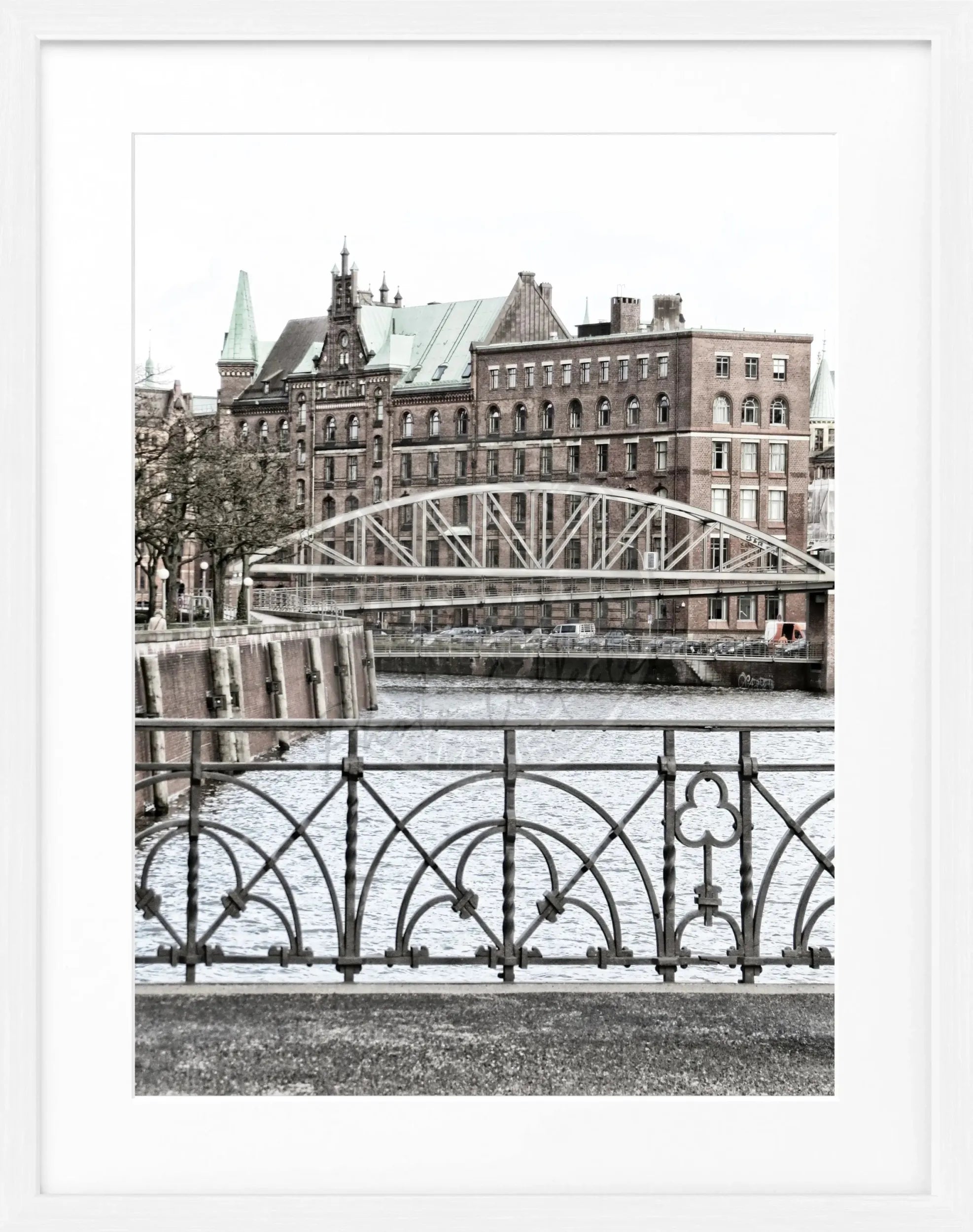 Schwarzweiß-Poster mit Rahmen von Hamburg Speicherstadt, von Cosman-Photocollection, 25x31 cm, dekoratives Wandbild