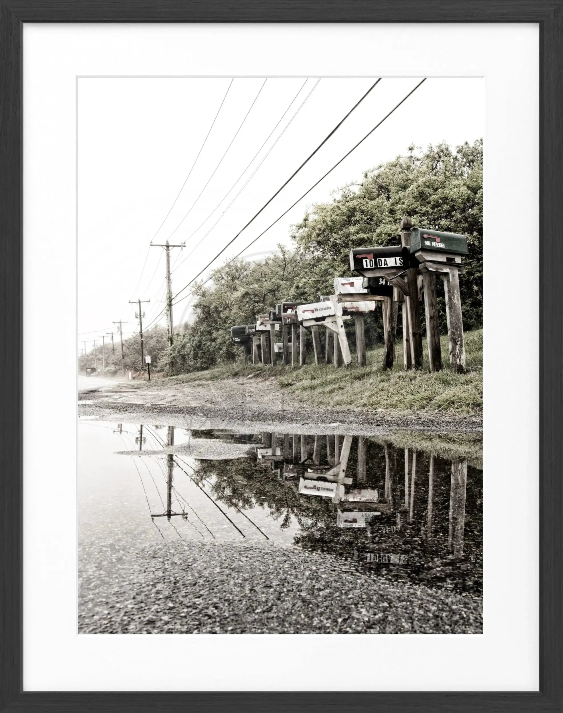 Schwarz-weiß Poster mit Rahmen, Hamptons Long Island Mailbox, Cosman-Photocollection, 25x31 cm, dekoratives Wandbild