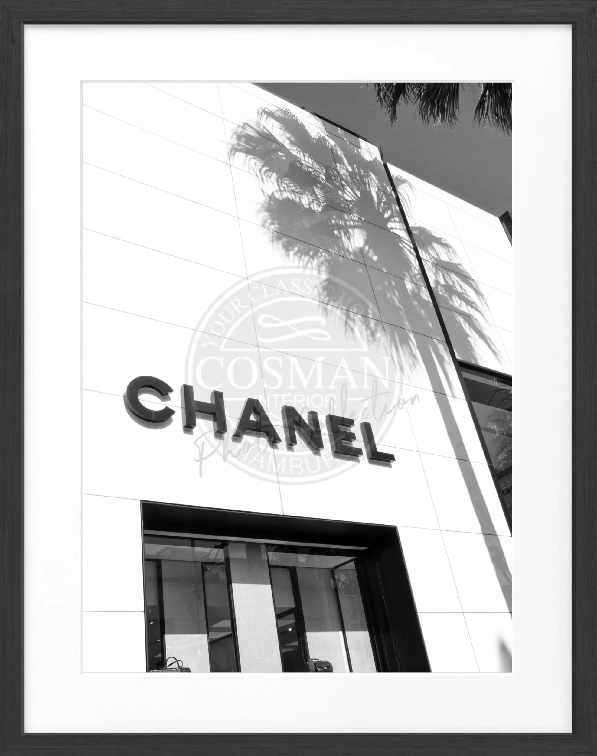 Schwarz-weiß Poster mit Rahmen von Cosman-Photocollection, Kalifornien Beverly Hills, mit Chanel-Motiv, 25x31 cm, dekoratives Wandbild