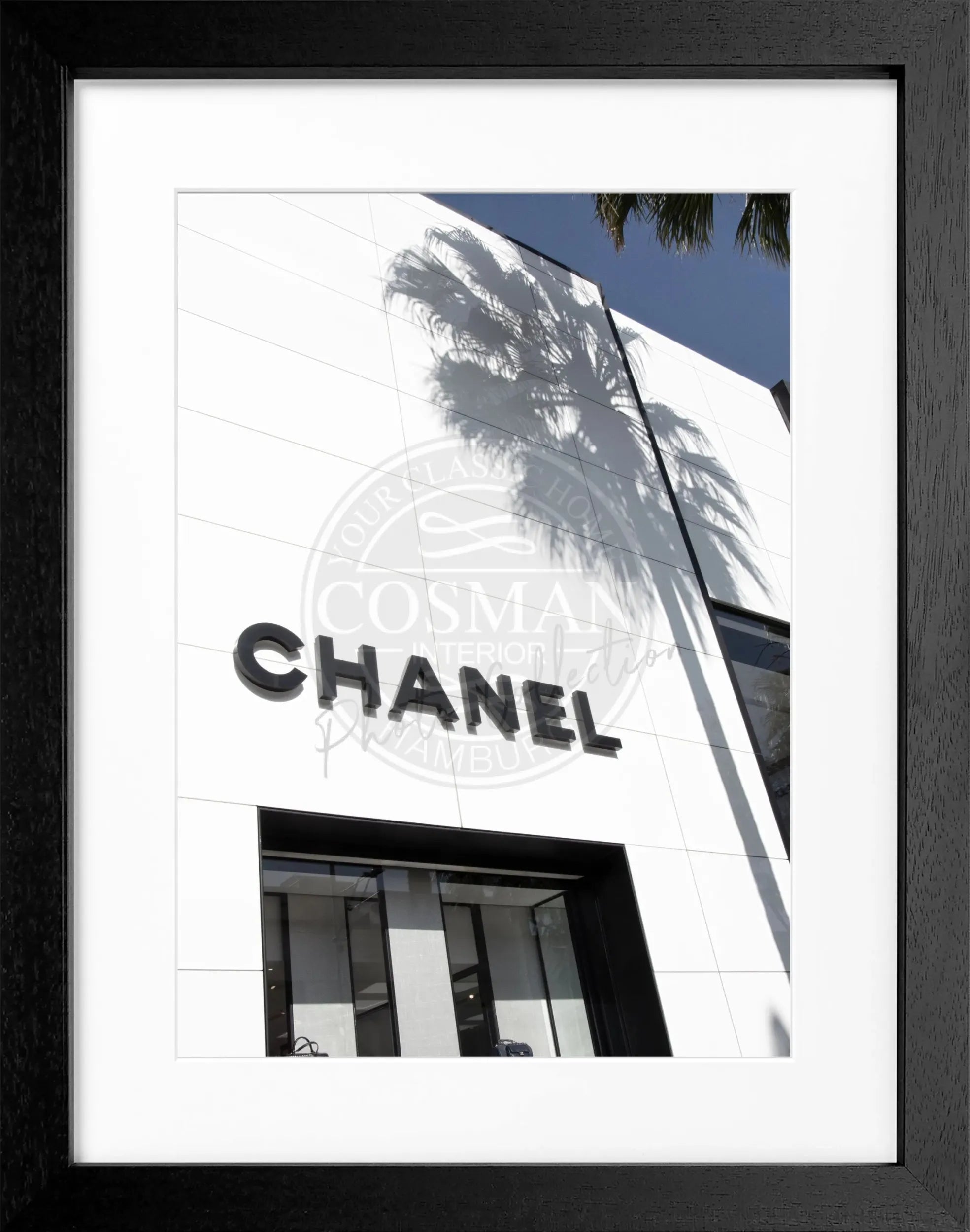 Schwarz-weiß Poster mit Rahmen, Kalifornien Beverly Hills und Chanel Motiv, 25x31 cm, von Cosman-Photocollection
