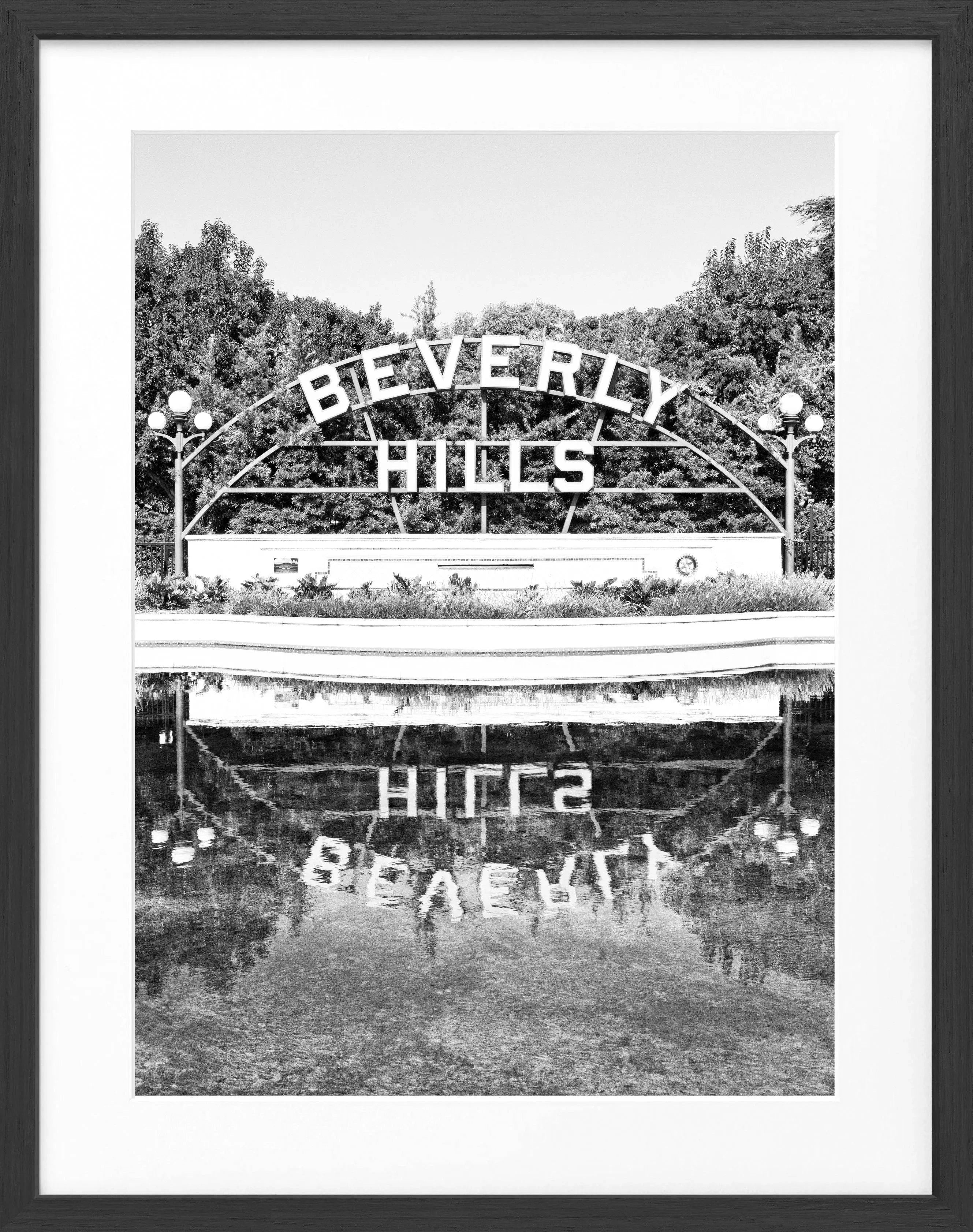 Schwarz-weiß Poster mit Rahmen, Kalifornien Beverly Hills Schild, Cosman-Photocollection, 25x31 cm, Wanddekoration