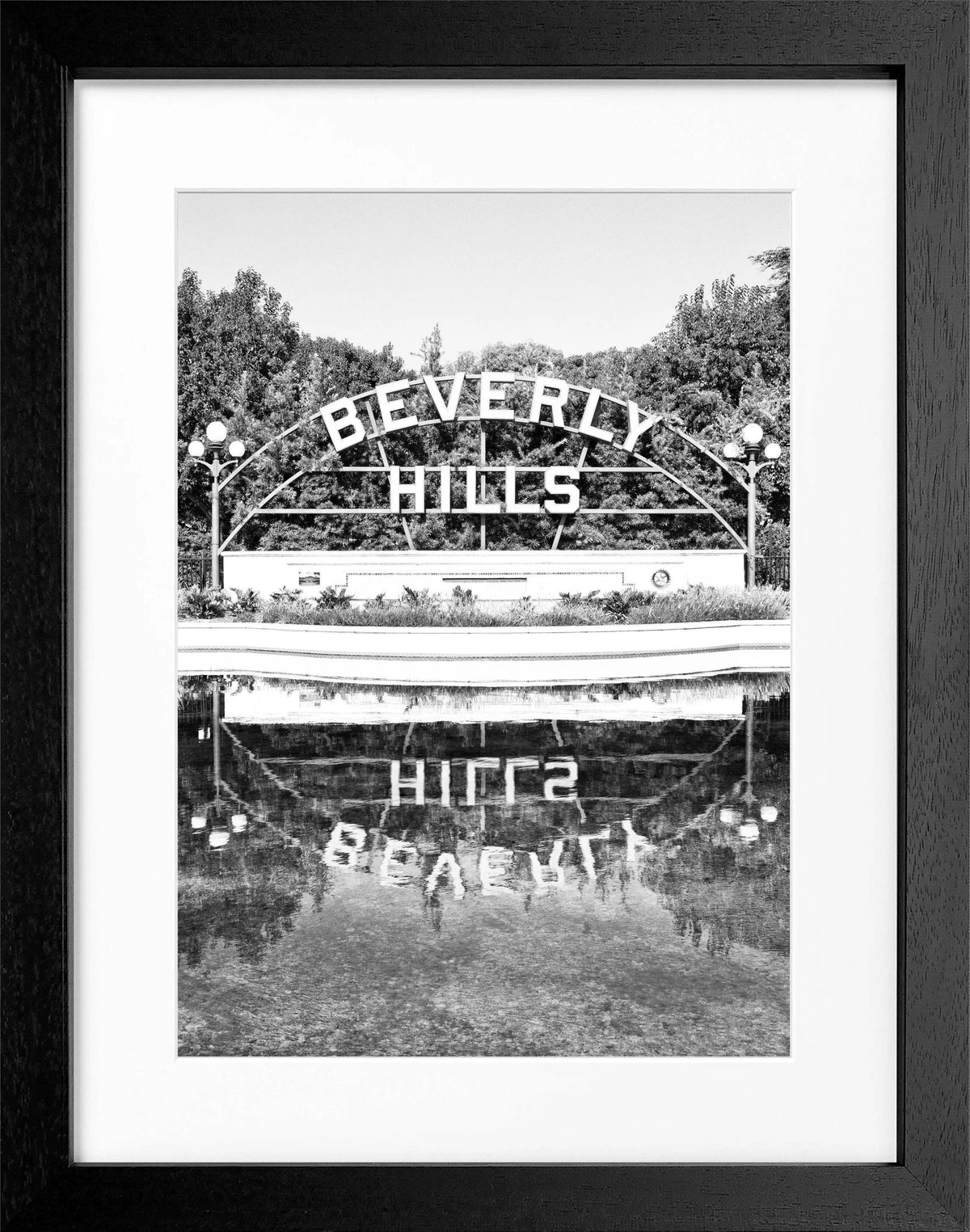 Schwarz-weiß Poster mit Rahmen, Kalifornien Beverly Hills Schild, Cosman-Photocollection, 25x31cm, Wanddekoration