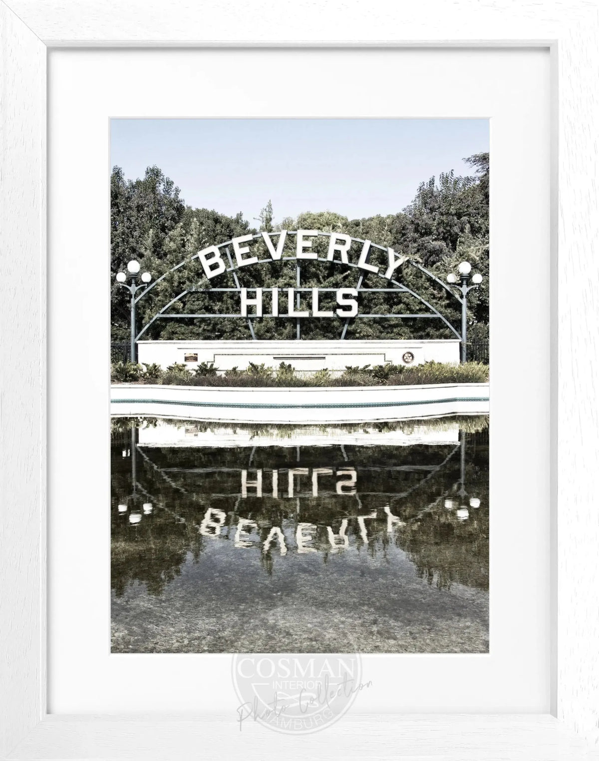 Schwarz-weiß Poster mit Rahmen, Kalifornien Beverly Hills Schild, von Cosman-Photocollection, 25x31 cm, Wanddekoration