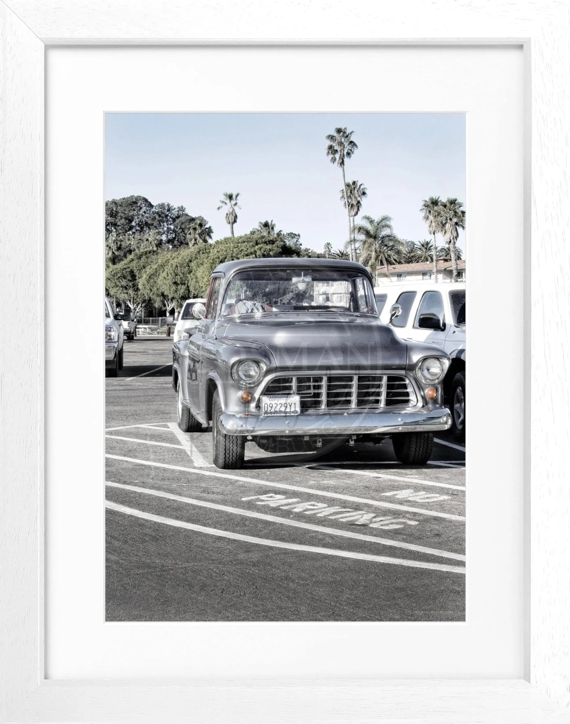 Schwarz-weiß Poster mit Rahmen von Cosman-Photocollection, Kalifornien, Classic Car, 25x31cm, Wanddekoration