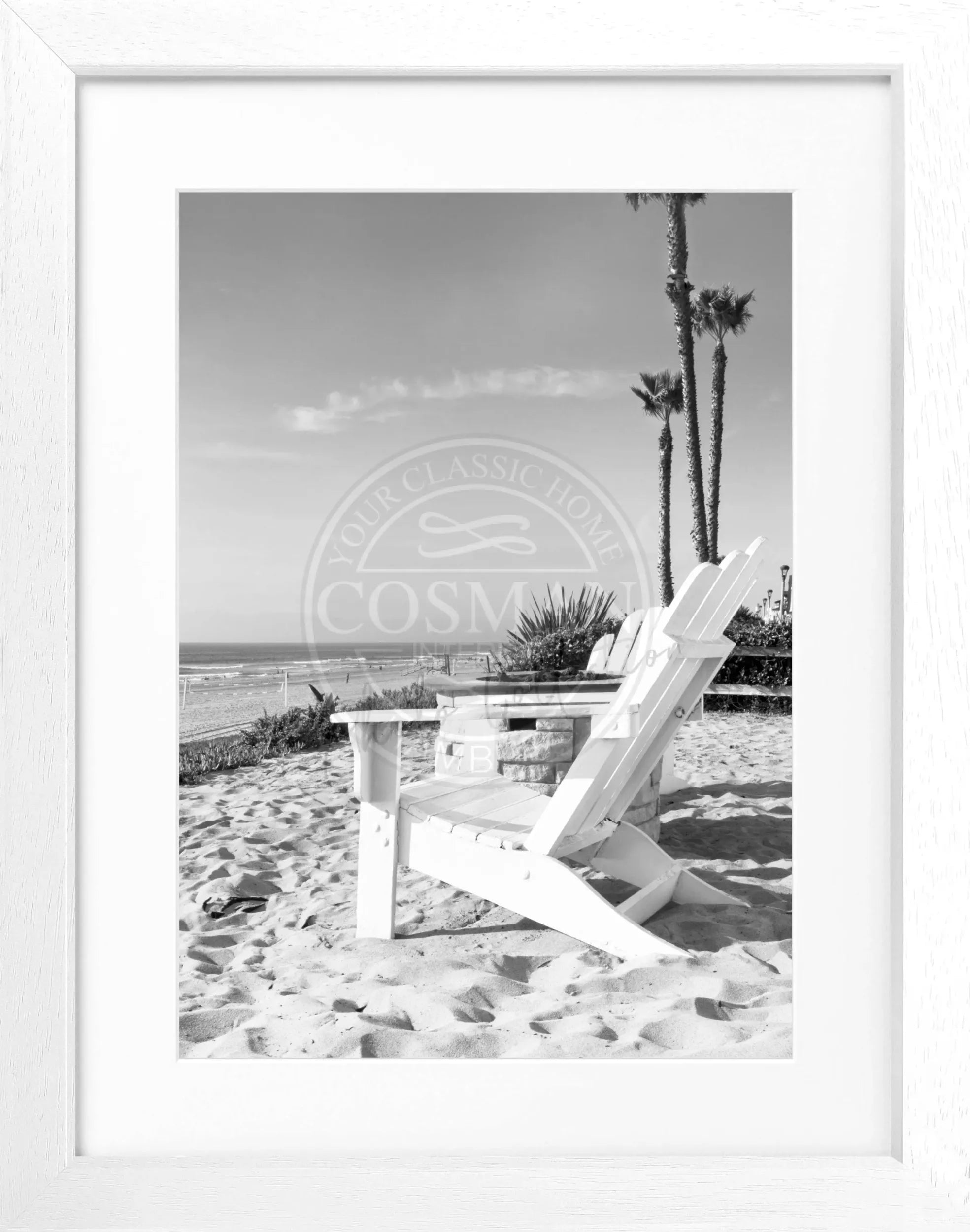 Schwarz-weiß Poster mit Rahmen, Kalifornien 'Deckchair' Motiv, 25x31cm, von Cosman-Photocollection.