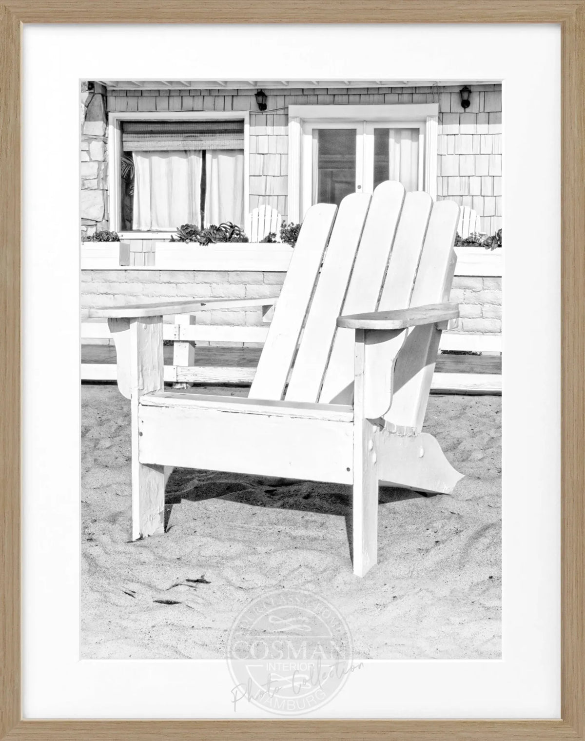 Schwarz-weiß Poster mit Rahmen, Kalifornien-Motiv, Deckchair, von Cosman-Photocollection, 25x31cm, elegante Wanddekoration
