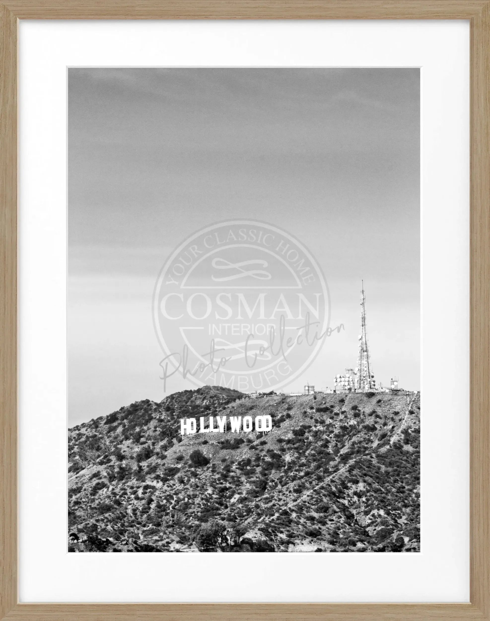 Schwarz-weißer Poster mit Holzrahmen, Kalifornien Hollywood Hills, 25x31 cm, von Cosman-Photocollection