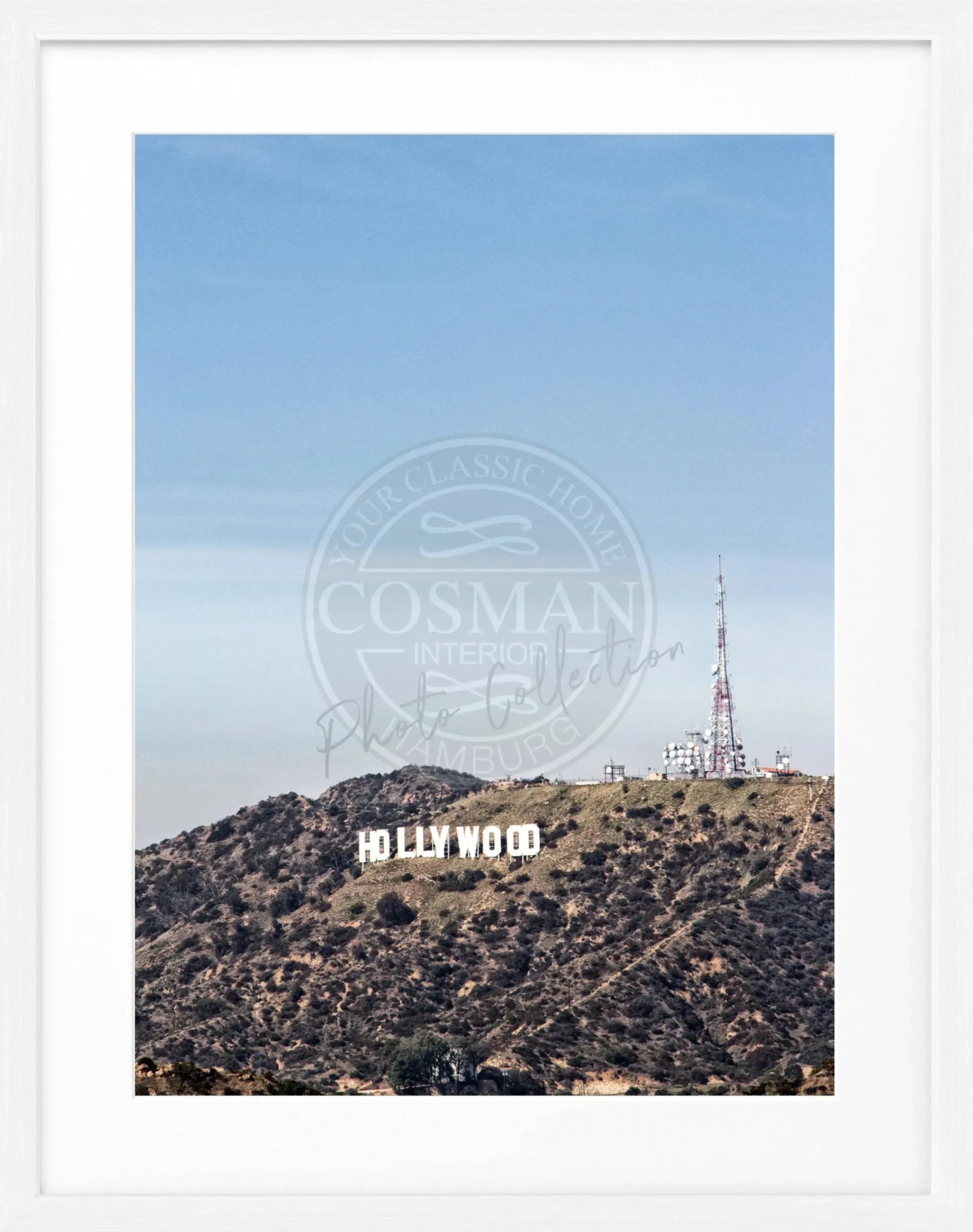 Schwarz-weiß Poster mit Rahmen, Kalifornien Hollywood Hills, 25x31 cm, von Cosman-Photocollection, Wanddekoration mit Motiv.