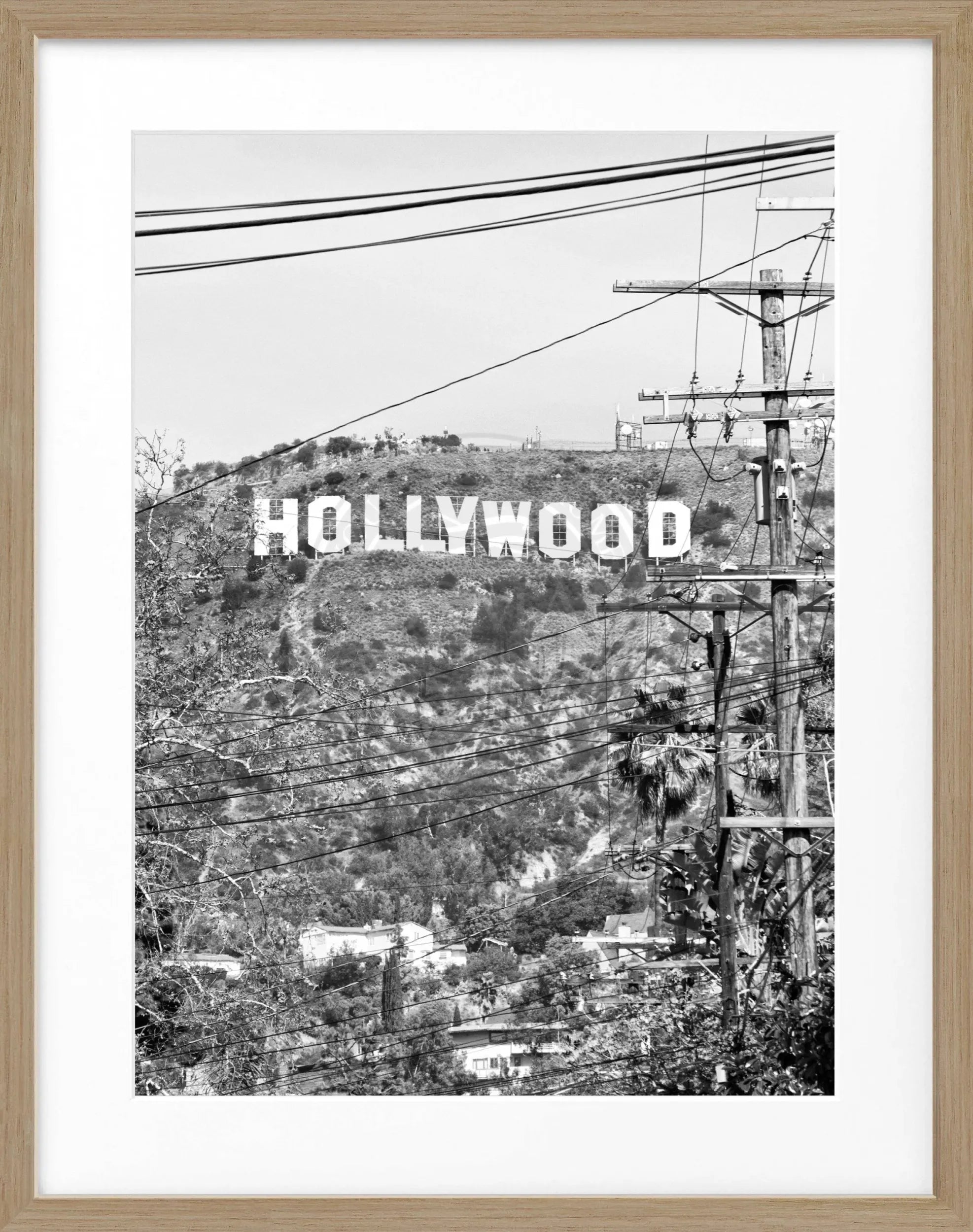 Schwarz-weiß Poster mit Rahmen von Cosman-Photocollection, Kalifornien Hollywood ’Sign’ Motiv, 25x31 cm