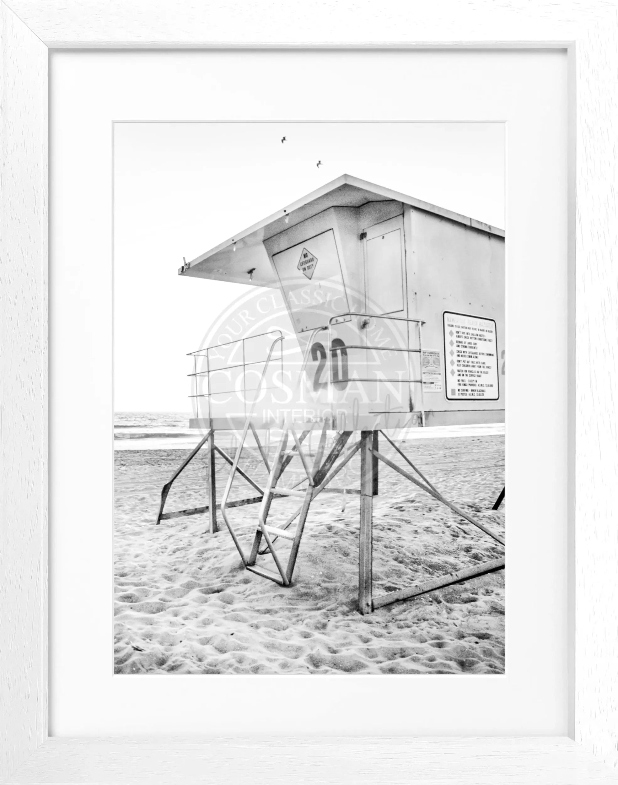 Schwarz-weiß Poster mit Rahmen, Kalifornien Huntington Beach Lifeguard, Cosman-Photocollection, 25x31cm, Wanddekoration