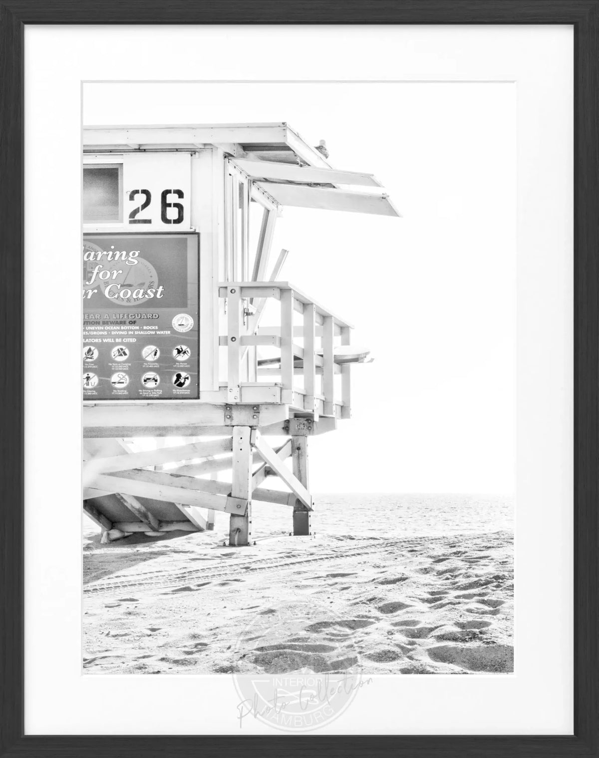 Schwarz-weiß Poster mit Rahmen, Kalifornien Lifeguard Motiv, 25x31 cm, von Cosman-Photocollection