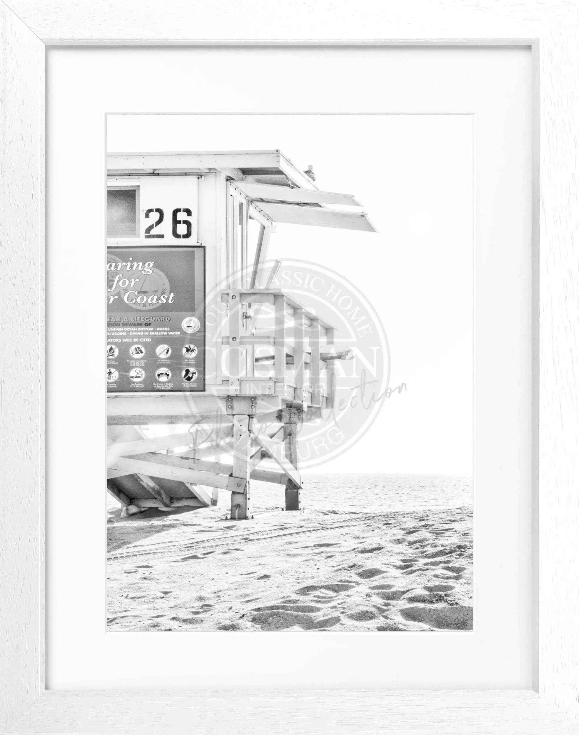 Schwarz-weiß Poster mit Rahmen, Kalifornien Lifeguard Motiv, von Cosman-Photocollection, 25x31 cm, dekoratives Wandbild