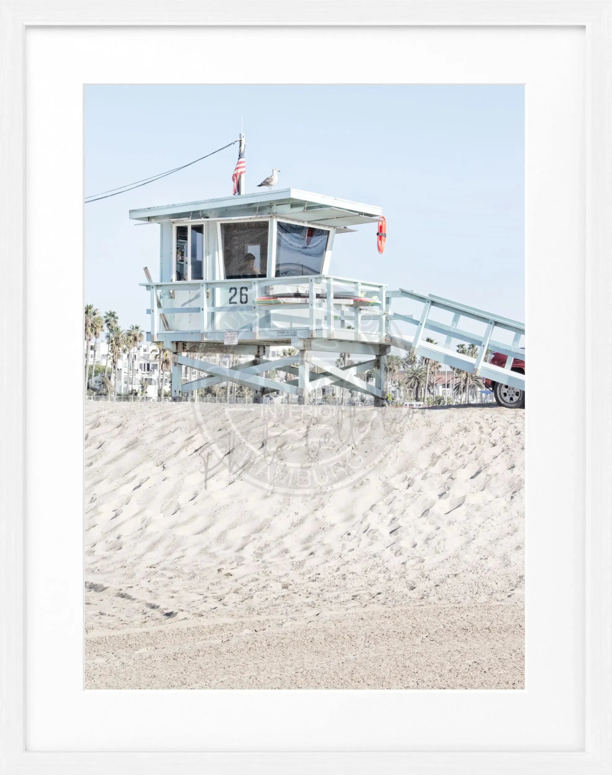 Schwarz-weiß Poster mit Rahmen, Kalifornien Lifeguard-Motiv, Cosman-Photocollection, 25x31 cm, Wandbild