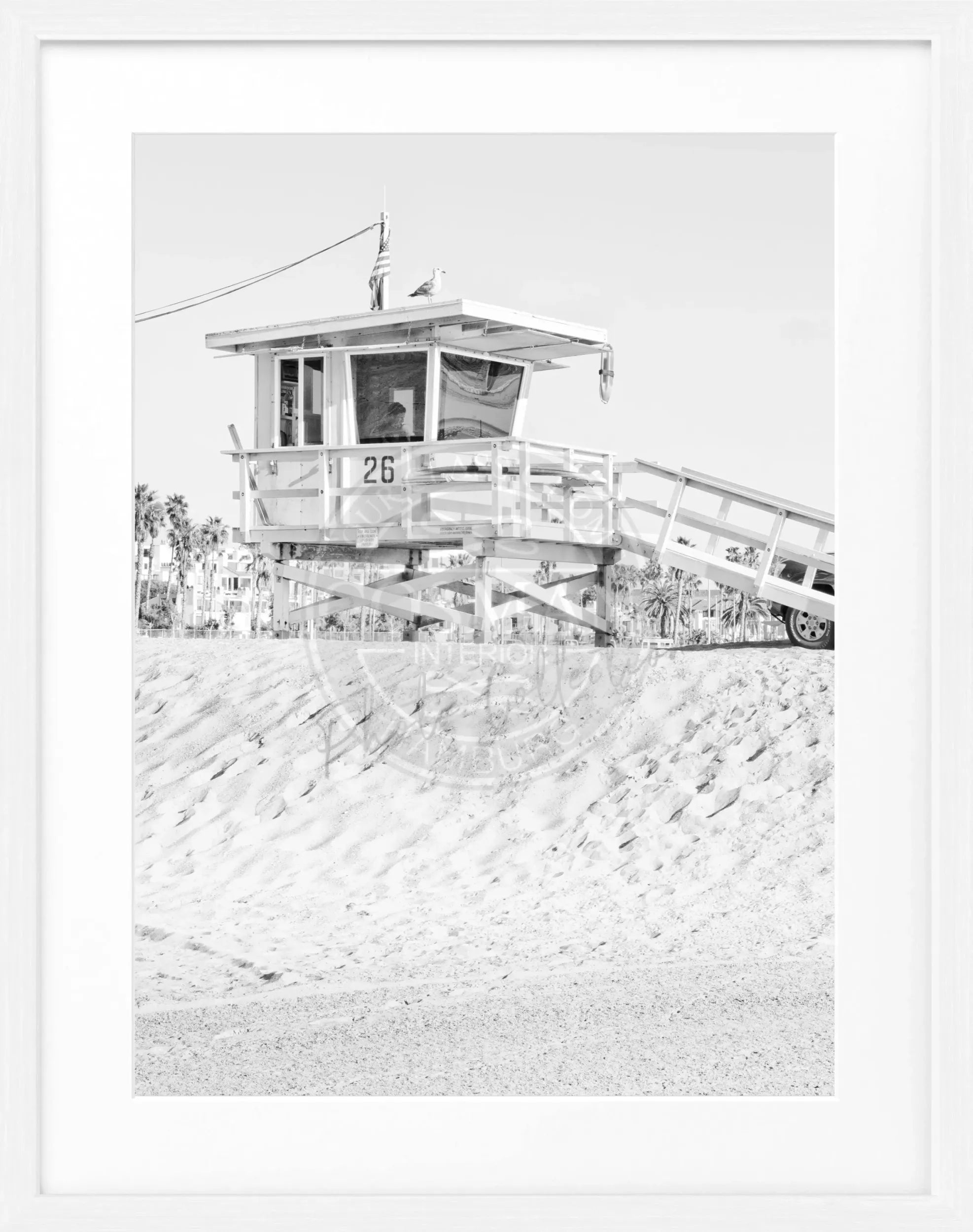 Schwarz-weiß Poster mit Rahmen, Kalifornien Lifeguard Motiv, von Cosman-Photocollection, 25x31cm, Wanddekoration