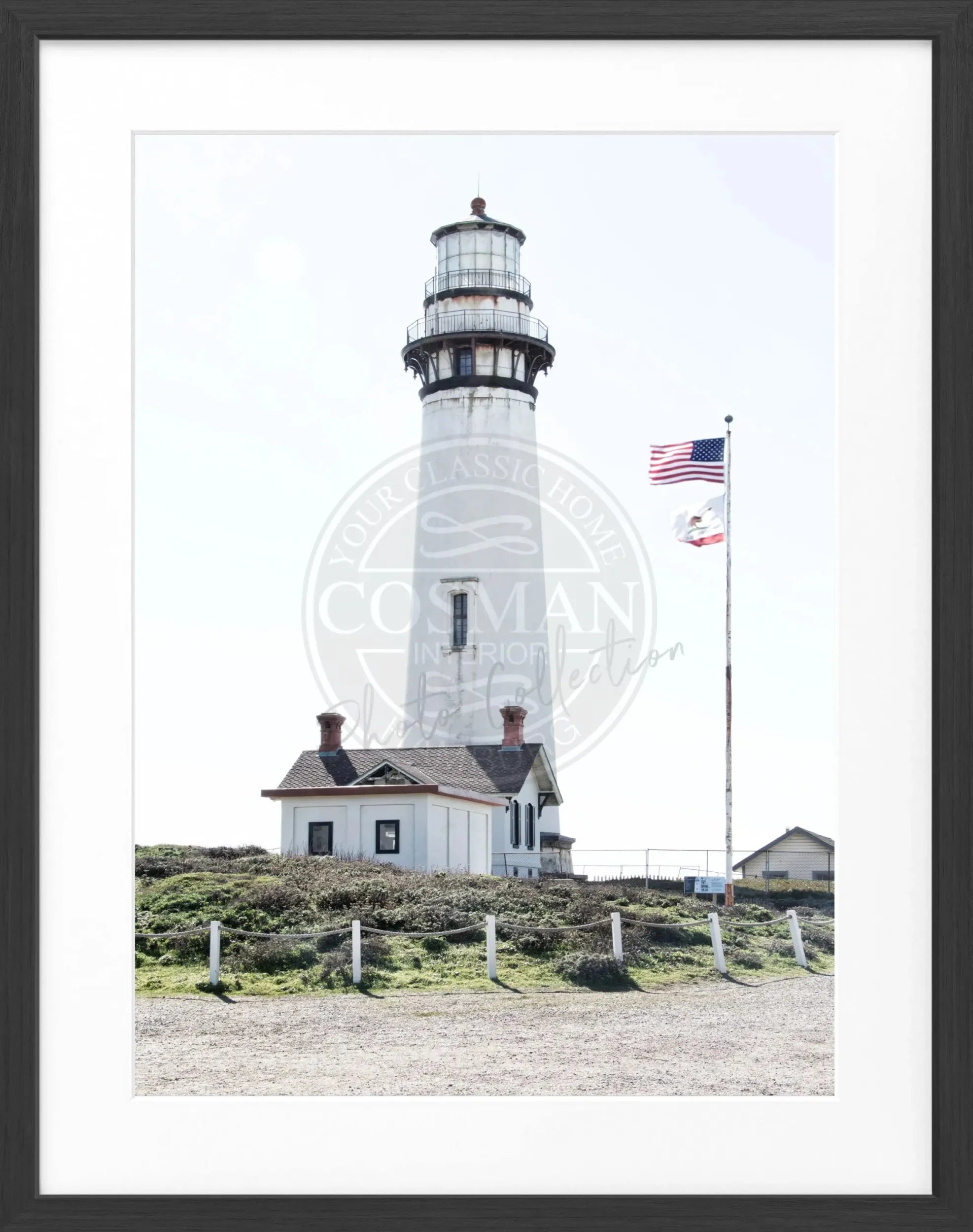 Schwarz-weiß Poster mit Rahmen von Kalifornien, Leuchtturm-Motiv, von Cosman-Photocollection, 25x31 cm.