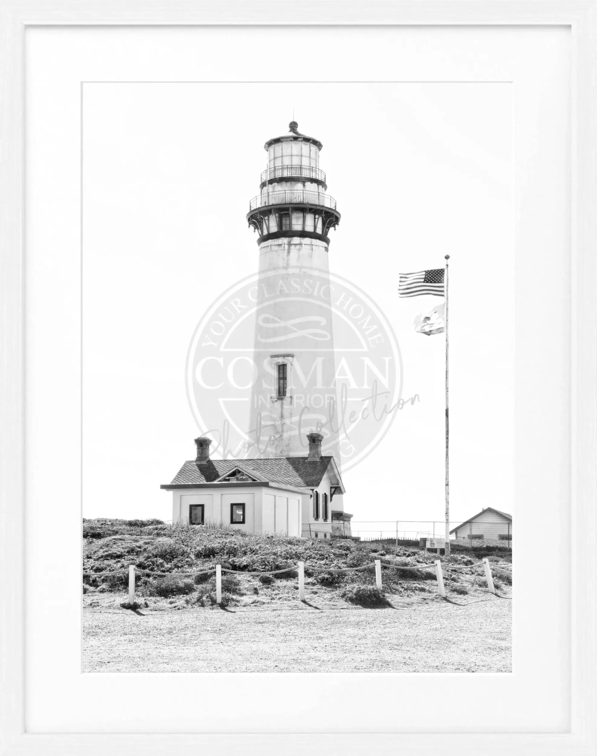 Schwarz-weiß Poster von Kalifornien mit Leuchtturm, gerahmt, von Cosman-Photocollection, 25x31 cm, Wanddekoration