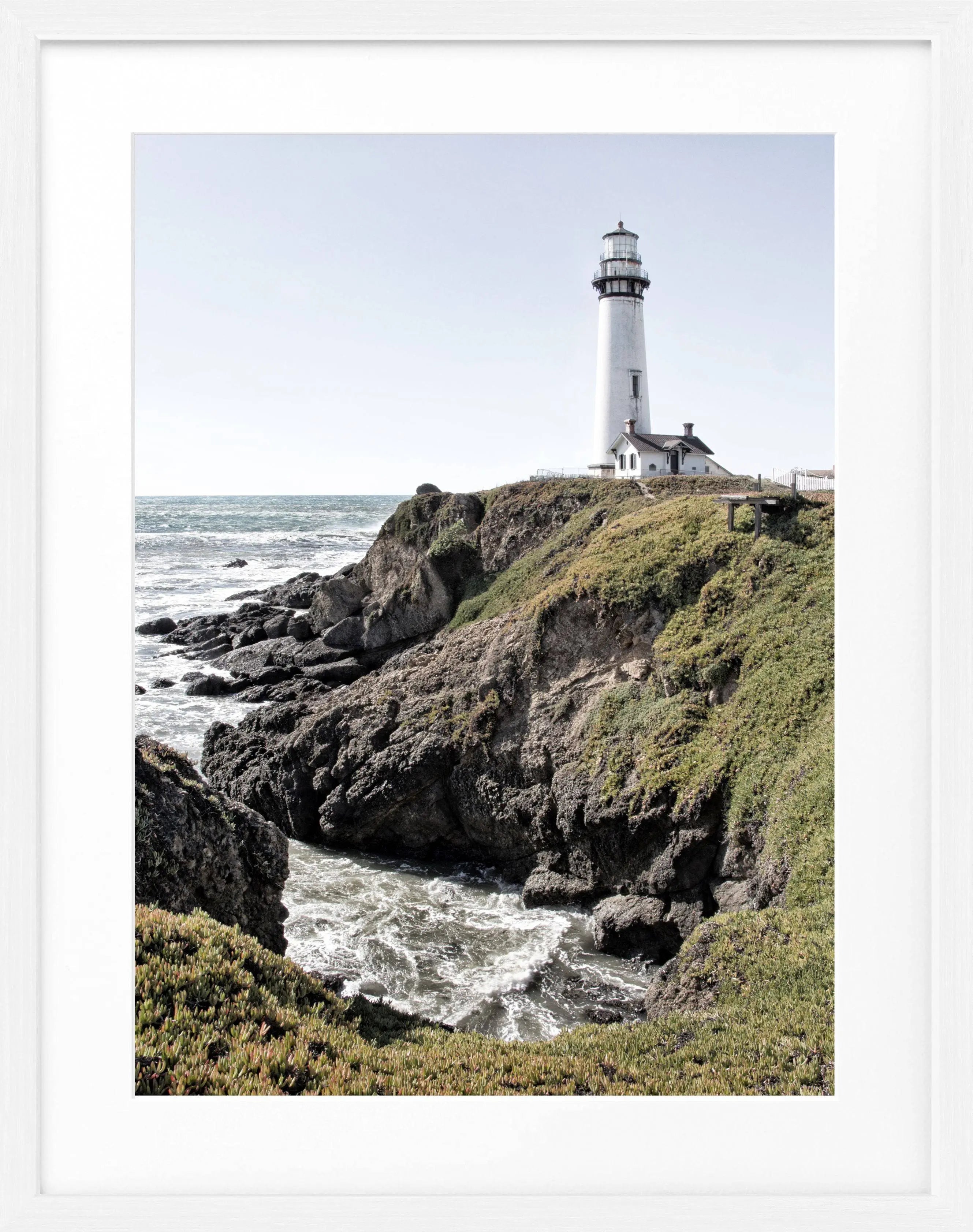 Schwarz-weiß Poster mit Rahmen von Cosman-Photocollection, Kalifornien Leuchtturm, 25x31 cm, dekoratives Wandbild
