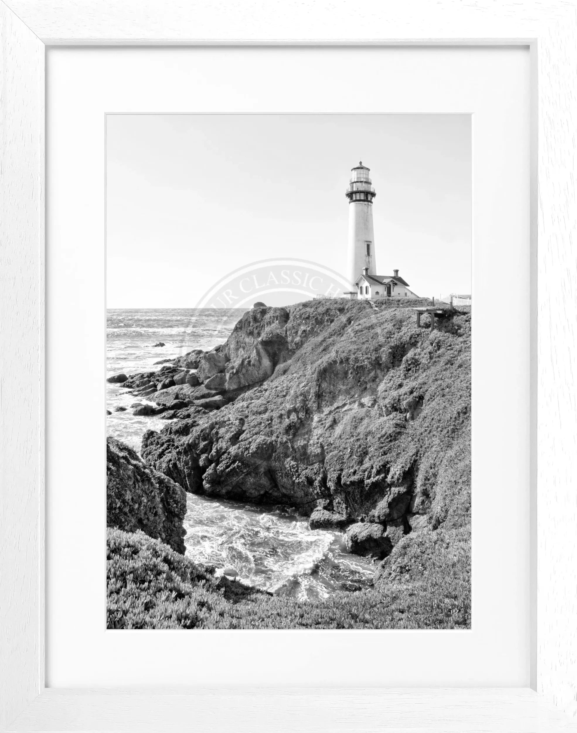 Schwarz-weiß Poster mit Rahmen von Kalifornien, Leuchtturm-Motiv, von Cosman-Photocollection, ca. 25x31 cm.