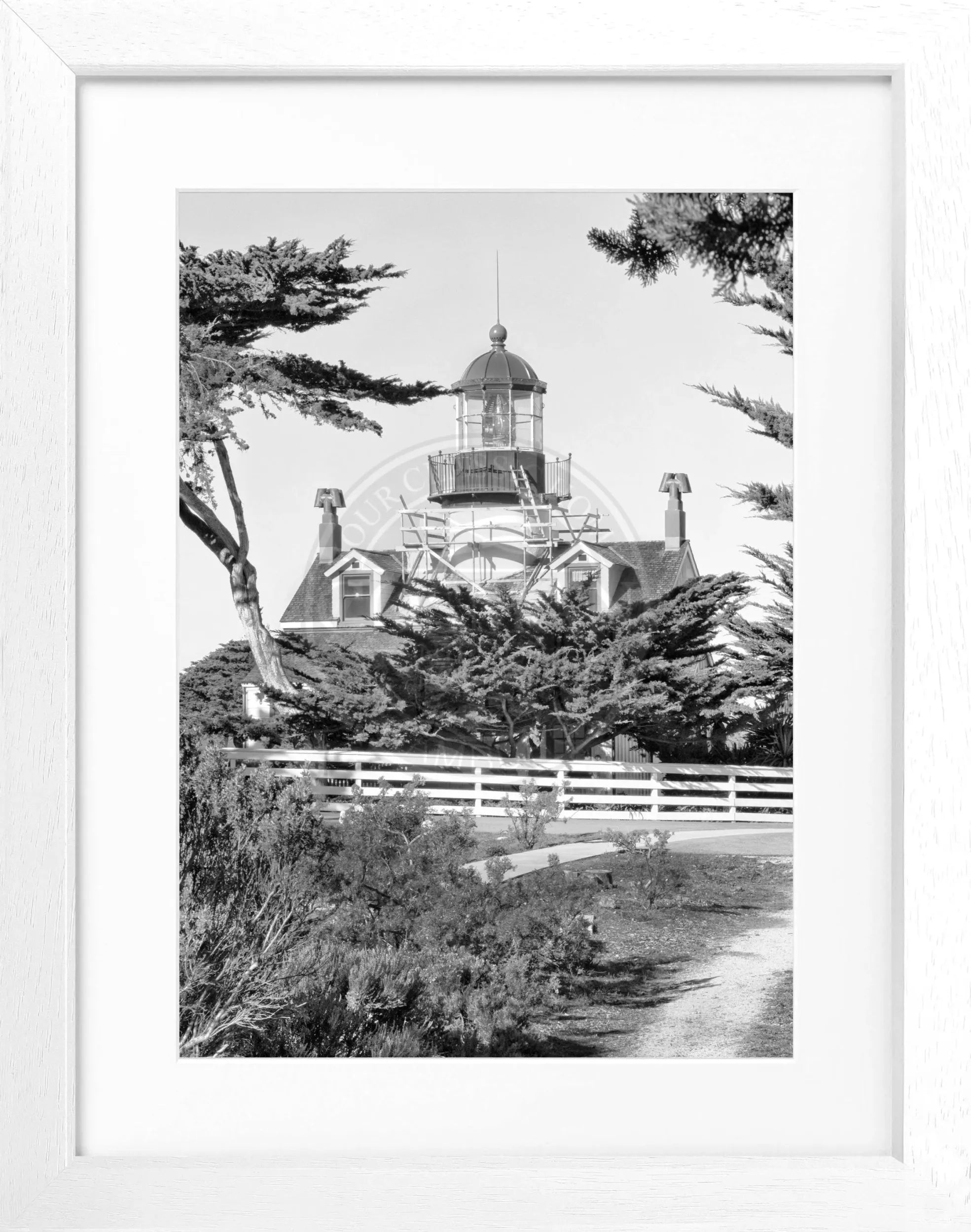 Schwarz-weiß Poster mit Rahmen von Kalifornien, Leuchtturm-Motiv, von Cosman-Photocollection, Maße 25x31 cm.