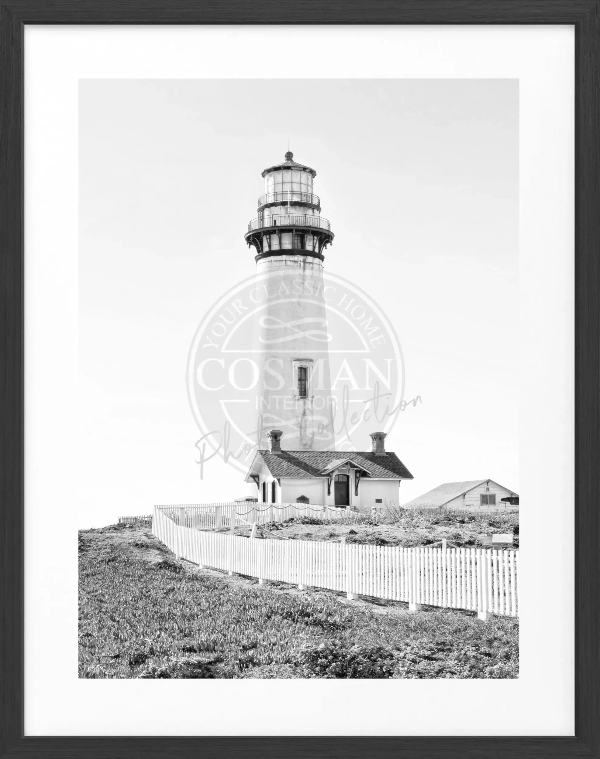 Schwarz-weiß Poster mit Rahmen von Cosman-Photocollection, Kalifornien Leuchtturm Pigeon Point, 25x31 cm, maritime Landschaft