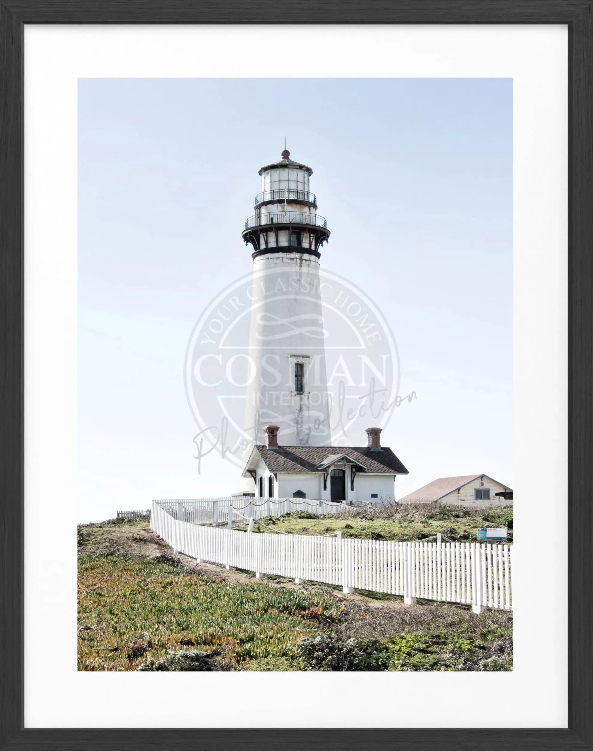 Schwarz-weiß Poster mit Rahmen von Kalifornien, Lighthouse Pigeon Point, von Cosman-Photocollection, 25x31 cm, Motiv mit Leuchtturm