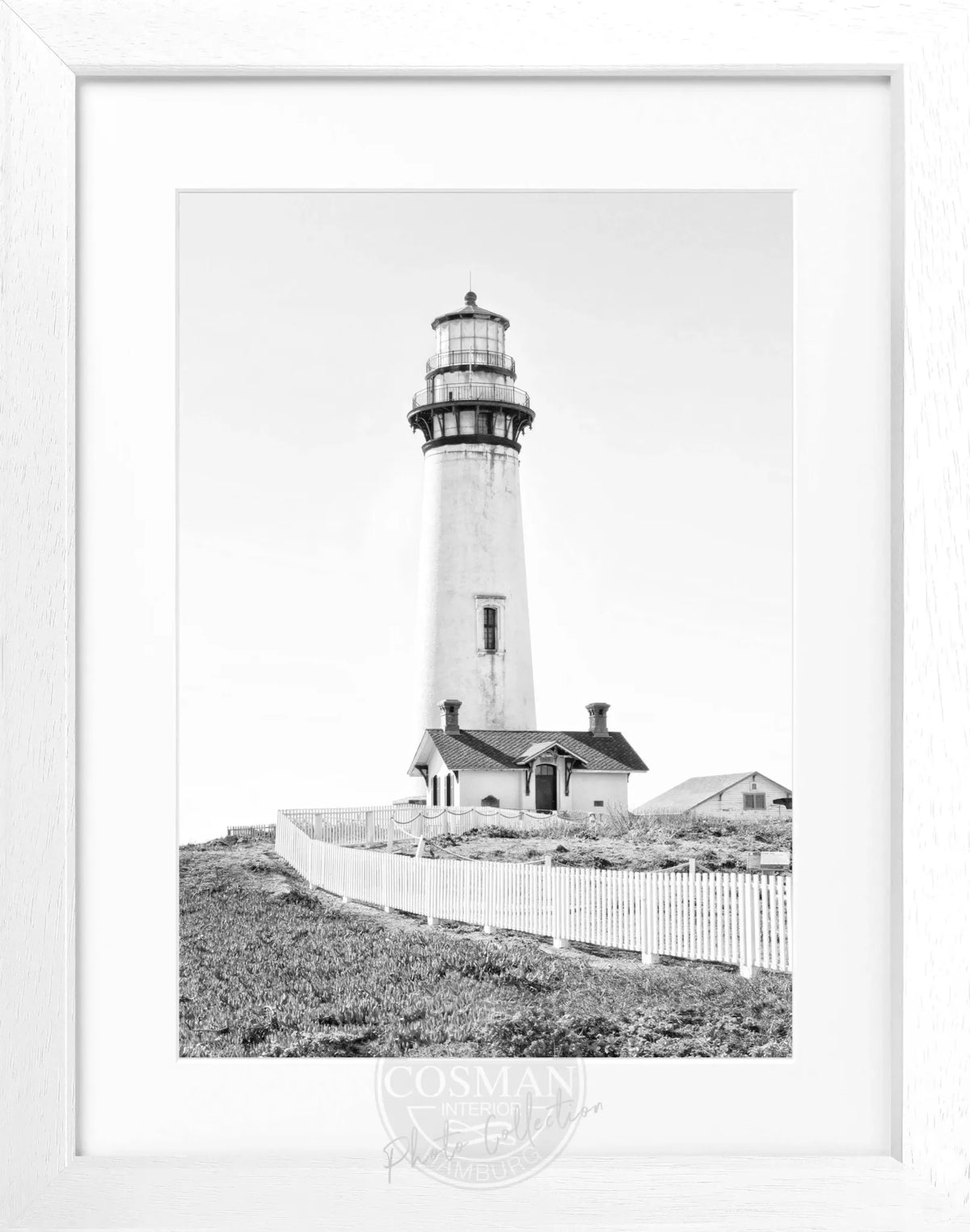 Schwarz-weiß Poster mit Rahmen, Kalifornien Lighthouse Pigeon Point, von Cosman-Photocollection, 25cm x 31cm, Meereslandschaft