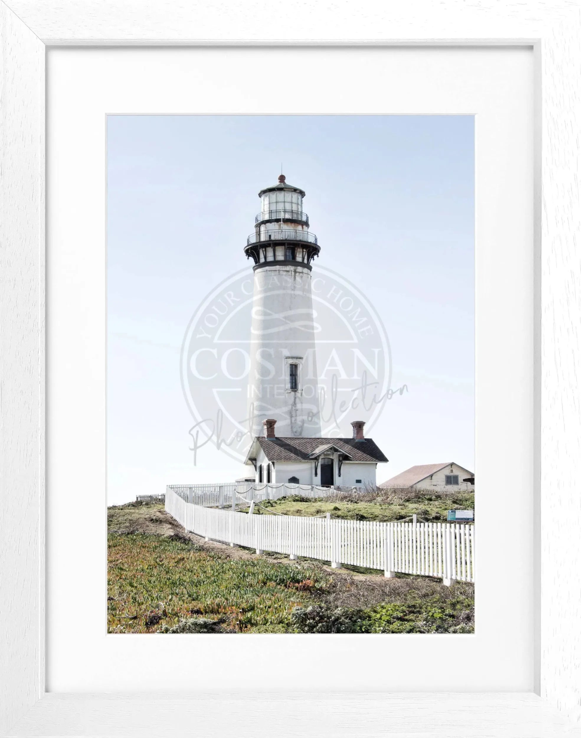 Schwarz-weiß Poster mit Rahmen, Kalifornien Leuchtturm Pigeon Point, von Cosman-Photocollection, 25x31 cm, Wanddekoration