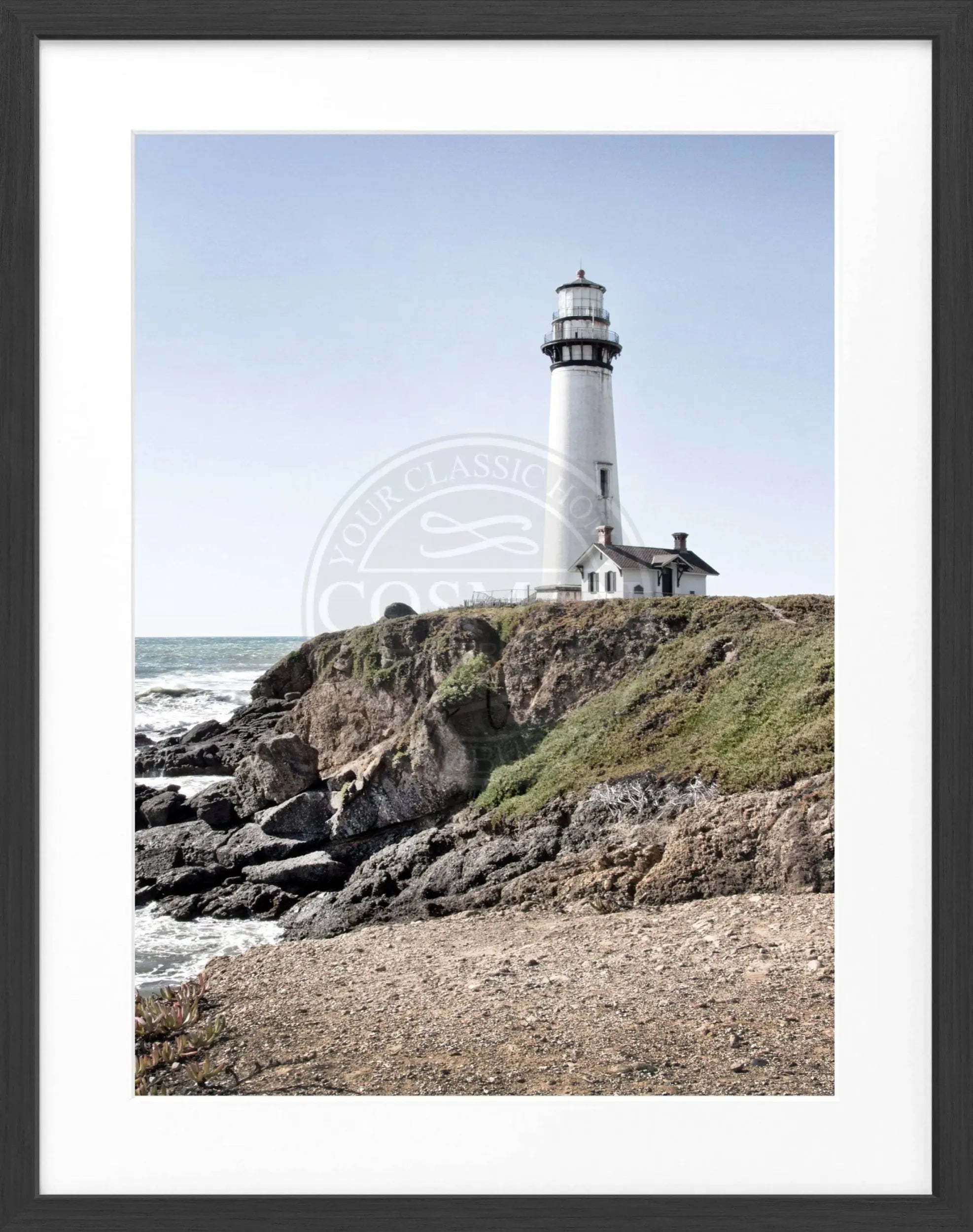 Schwarz-weiß Poster mit Rahmen von Cosman-Photocollection, Kalifornien Leuchtturm Pigeon Point, 25x31 cm, Wanddekoration