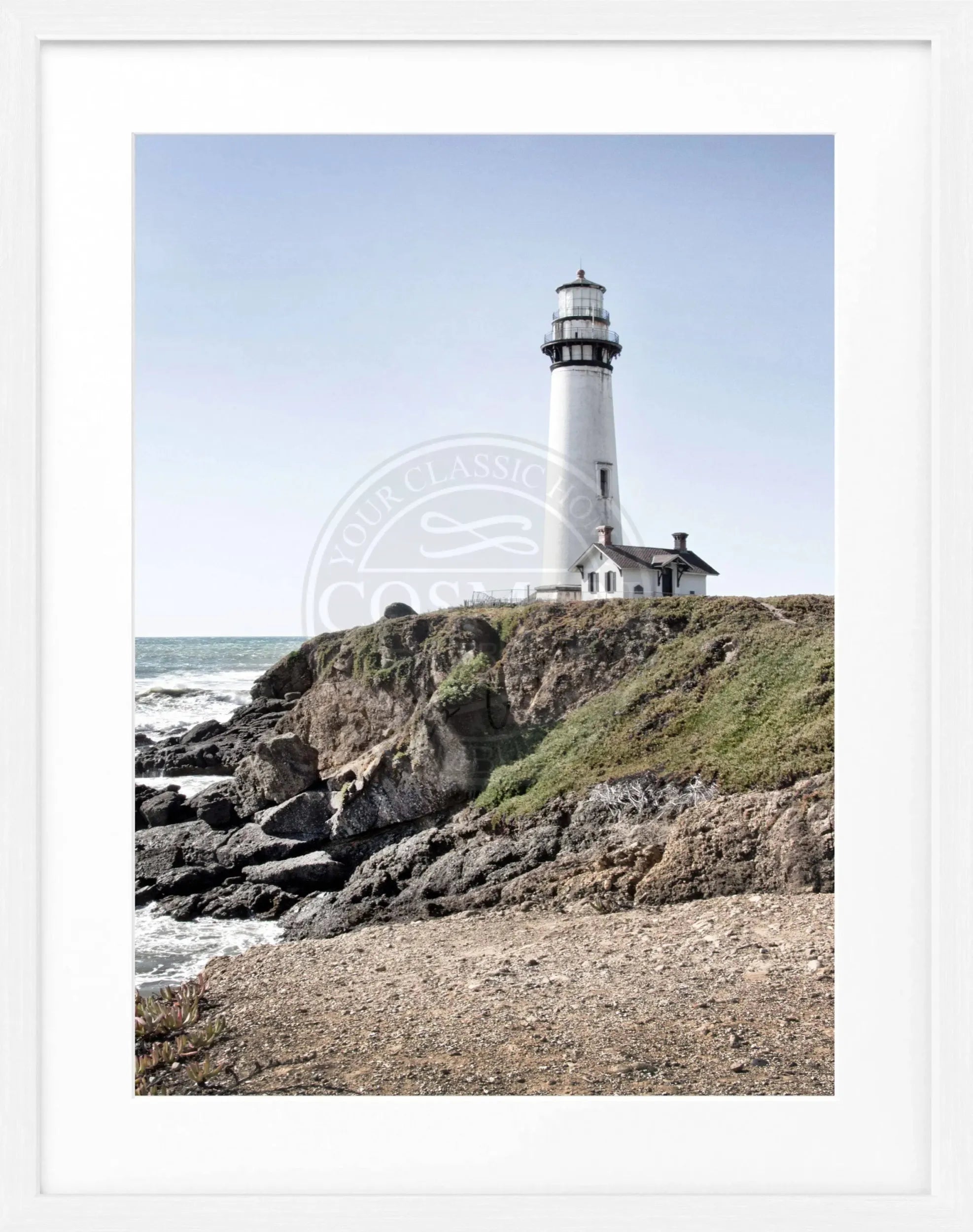 Schwarz-weiß Poster mit Rahmen, Kalifornien Leuchtturm Pigeon Point, von Cosman-Photocollection, 25x31 cm, Wanddekoration