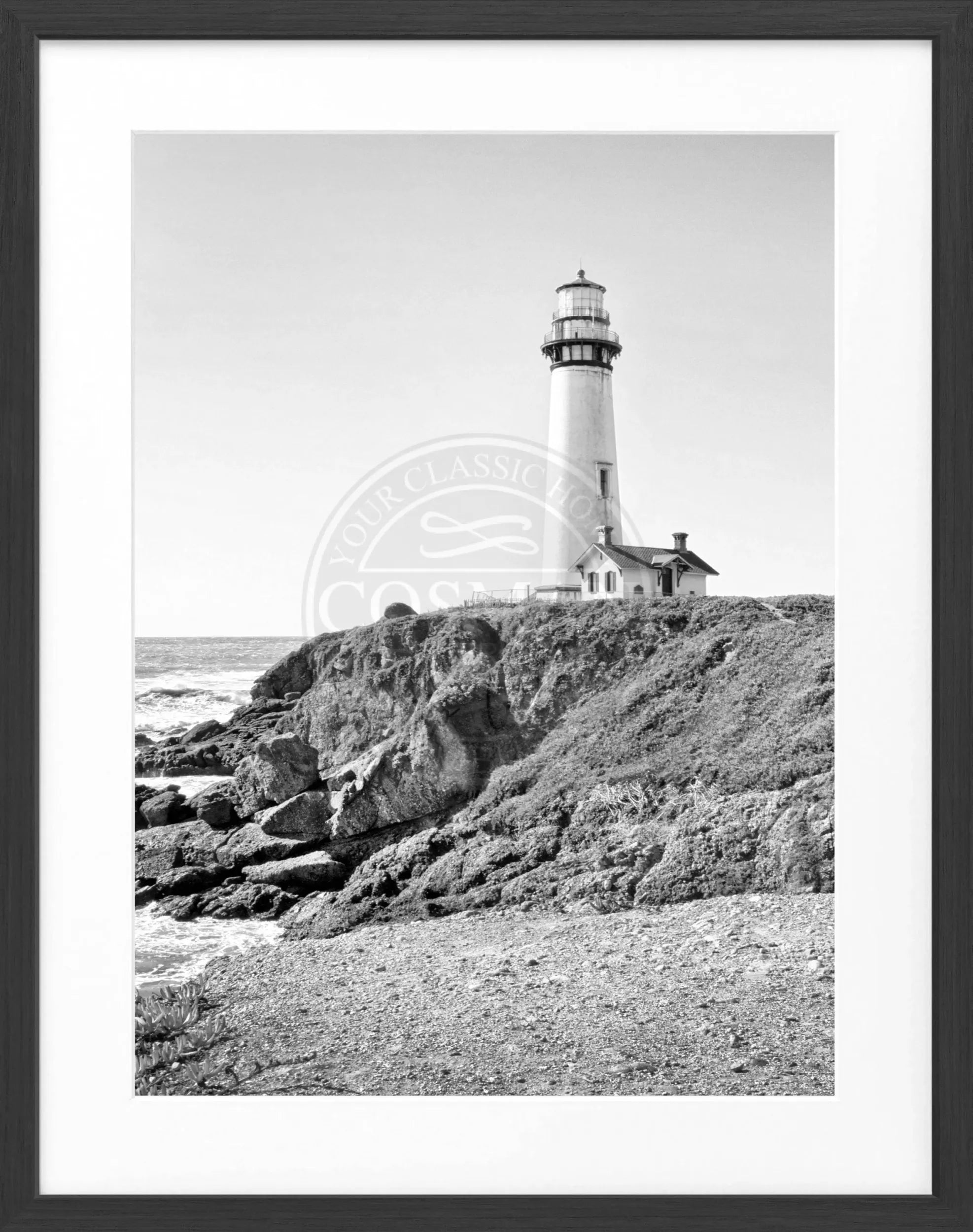 Schwarz-weiß Poster mit Rahmen von Cosman-Photocollection, Kalifornien Leuchtturm Pigeon Point, 25x31cm, Wanddekoration