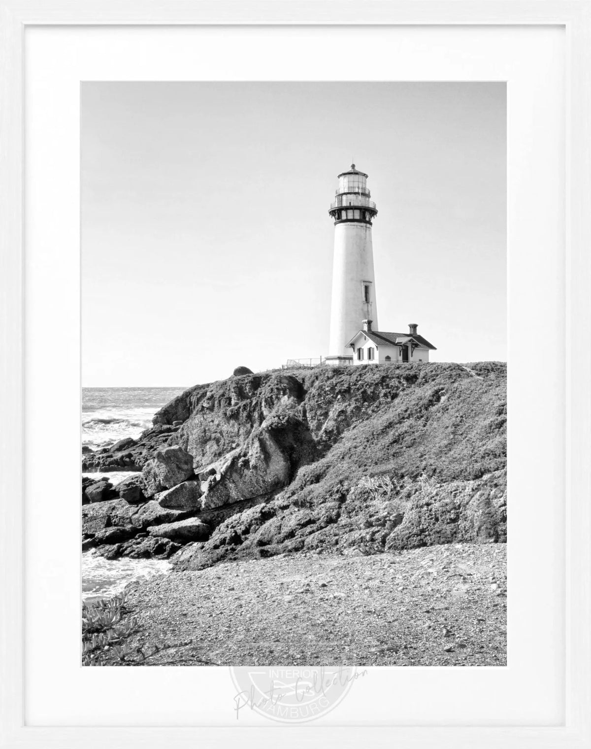 Schwarz-weiß Poster mit Rahmen von Cosman-Photocollection, Kalifornien Leuchtturm Pigeon Point, 25x31 cm, Wanddekoration