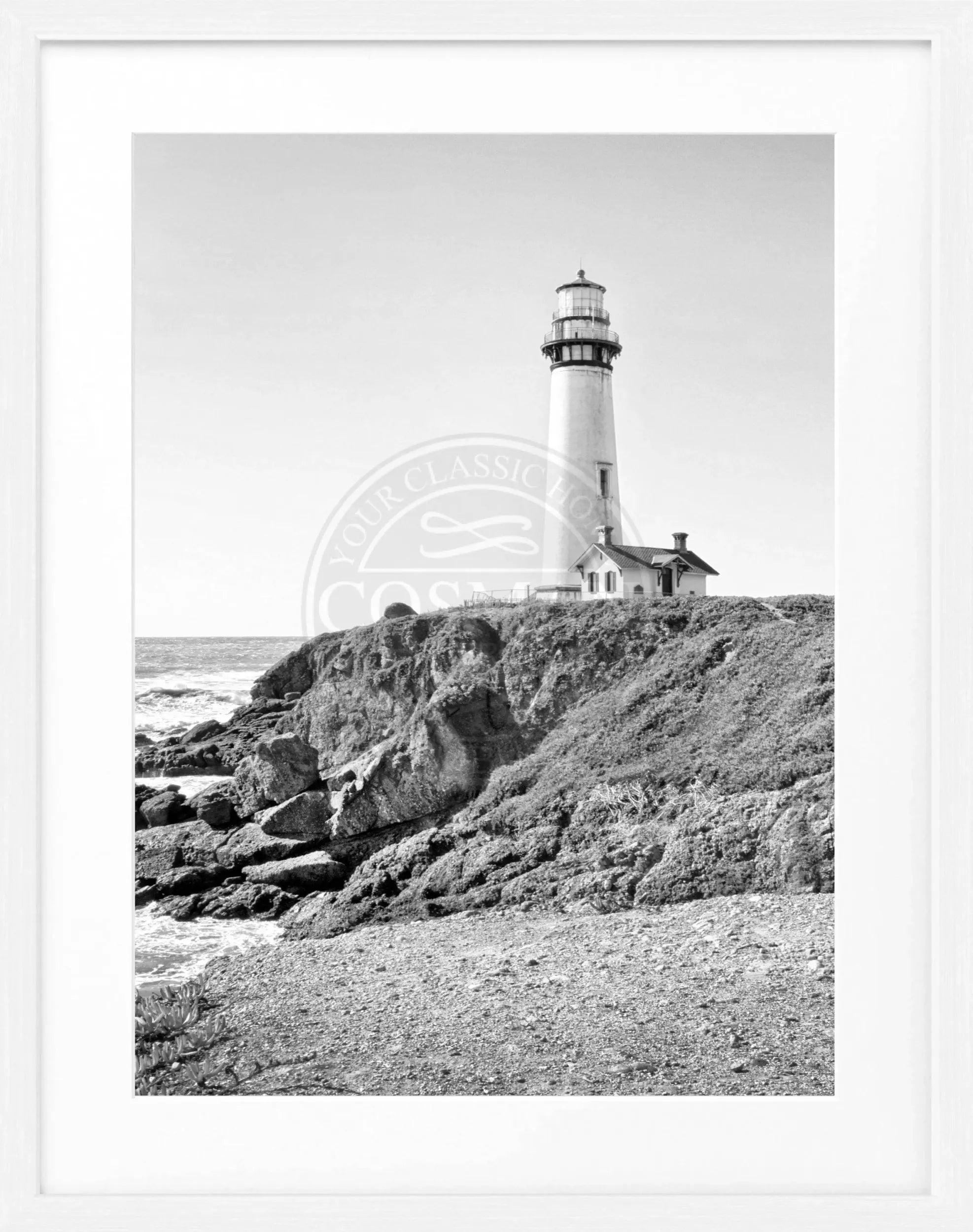 Schwarz-weiß Poster mit Rahmen von Cosman-Photocollection, Kalifornien Leuchtturm Pigeon Point, 25x31 cm, Wanddekoration