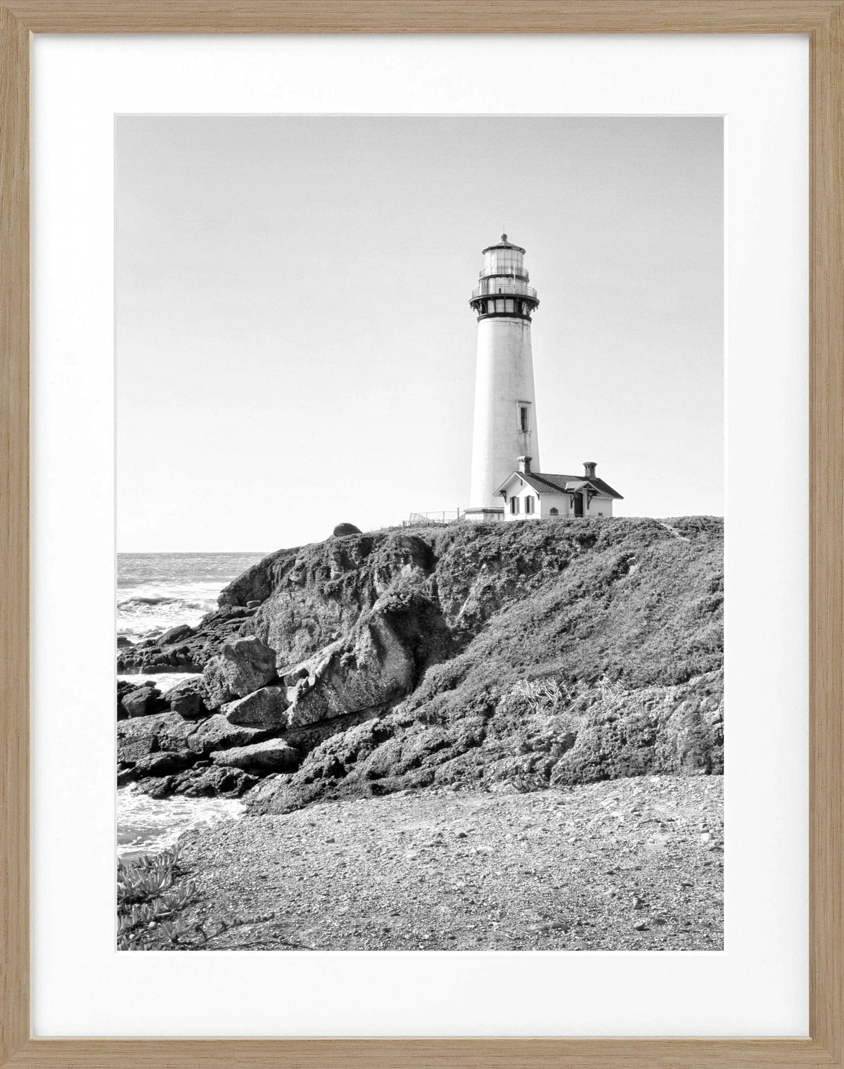 Schwarz-weiß Poster mit Rahmen von Cosman-Photocollection, Kalifornien Leuchtturm Pigeon Point, 25x31 cm, maritime Fotokunst