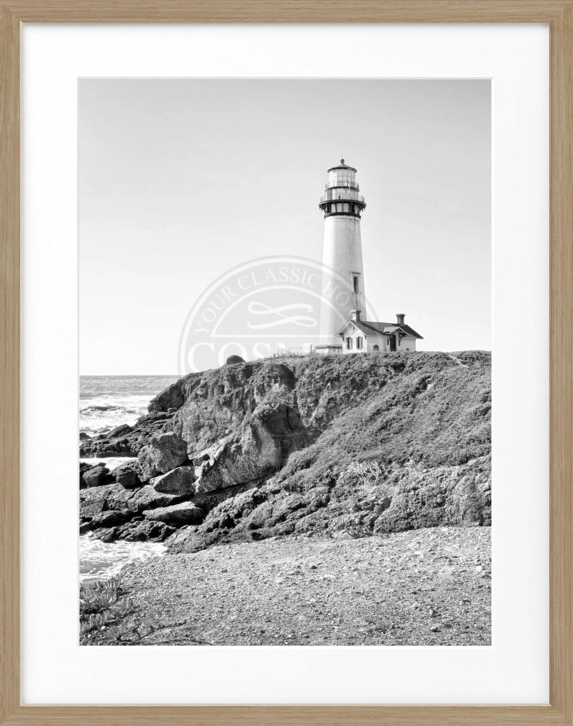 Schwarz-weiß Poster mit Rahmen von Cosman-Photocollection, Kalifornien Leuchtturm Pigeon Point, 25x31 cm, maritime Fotokunst