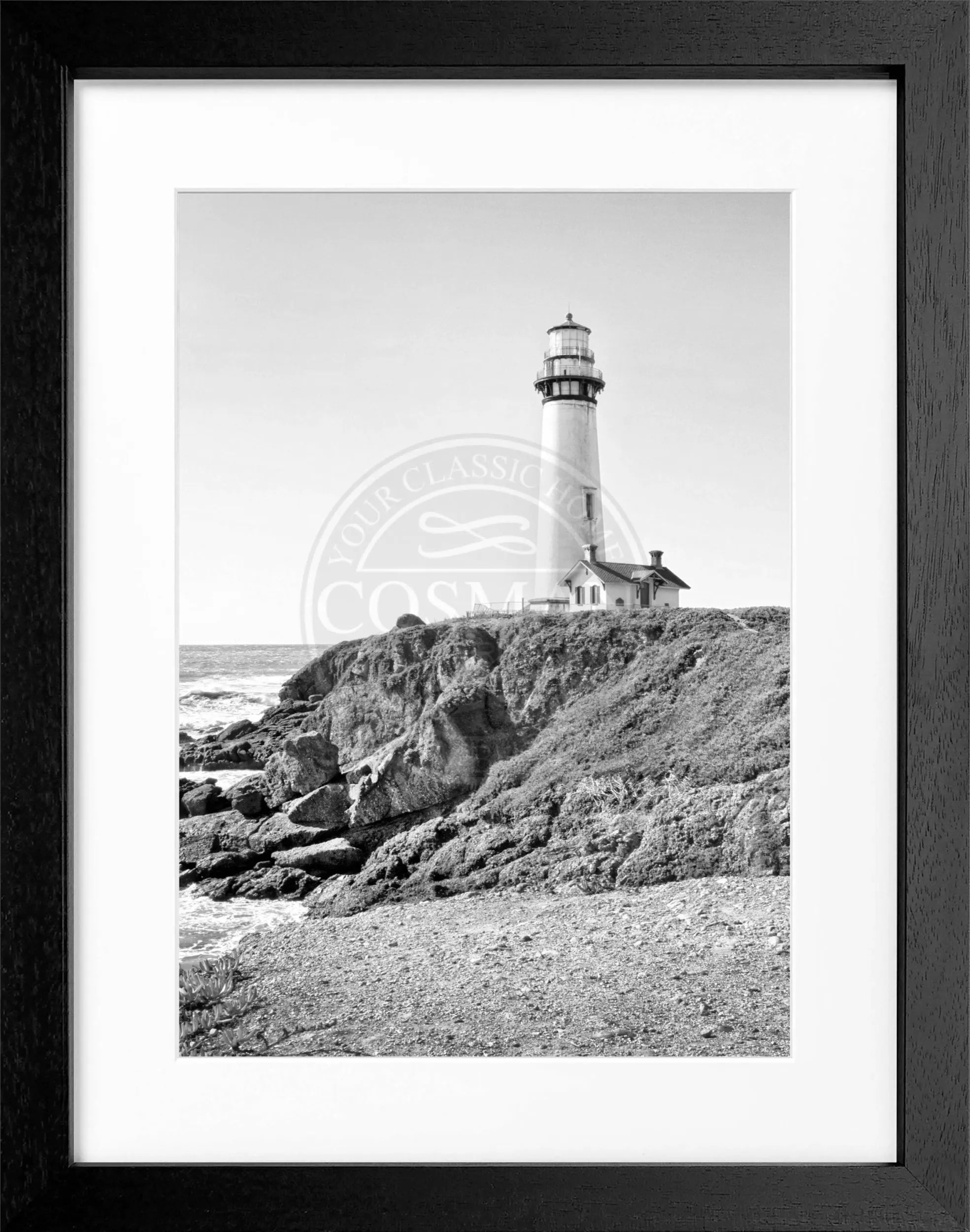 Schwarz-weiß Poster mit Rahmen, Kalifornien Lighthouse Pigeon Point, von Cosman-Photocollection, 25x31 cm, maritime Strandlandschaft