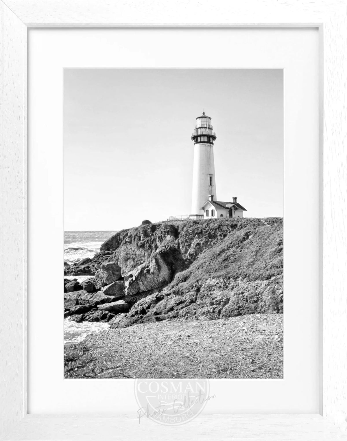 Schwarz-weiß Poster mit Rahmen von Cosman-Photocollection, Kalifornien Leuchtturm Pigeon Point, 25x31 cm, Wanddekoration