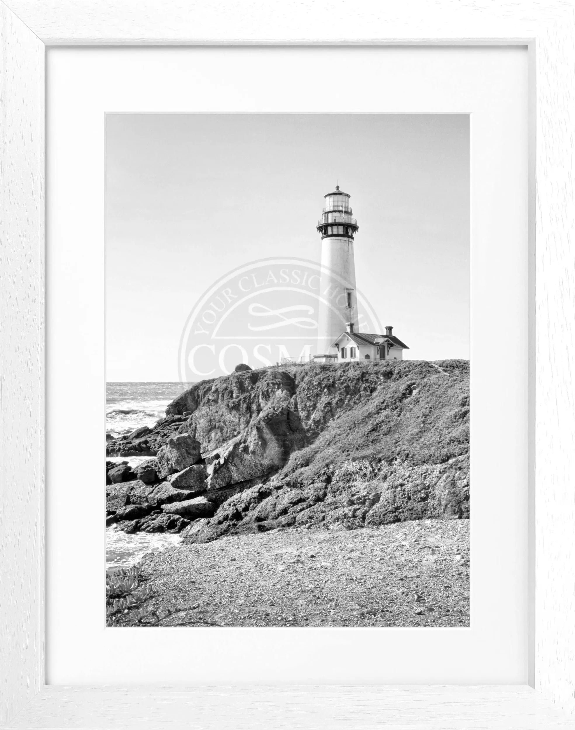 Schwarz-weiß Poster mit Rahmen von Cosman-Photocollection, Kalifornien Leuchtturm Pigeon Point, 25x31 cm, Wanddekoration